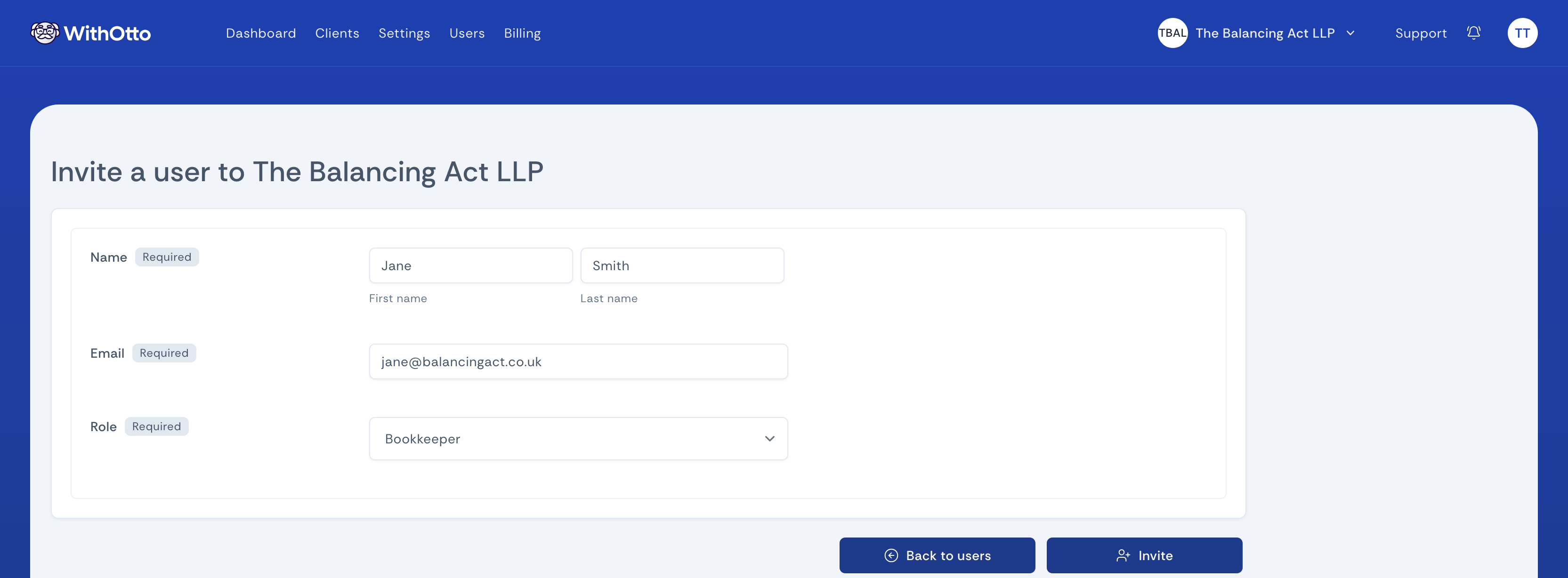 Screenshot of the invite user page