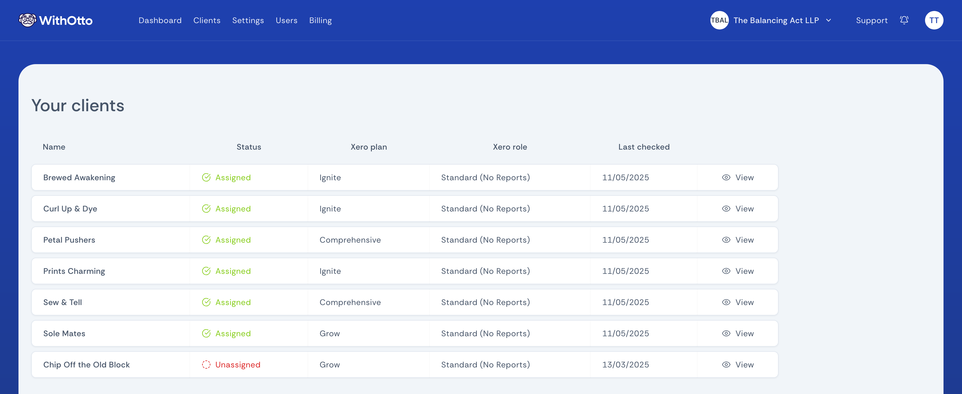 Screenshot of the clients list page
