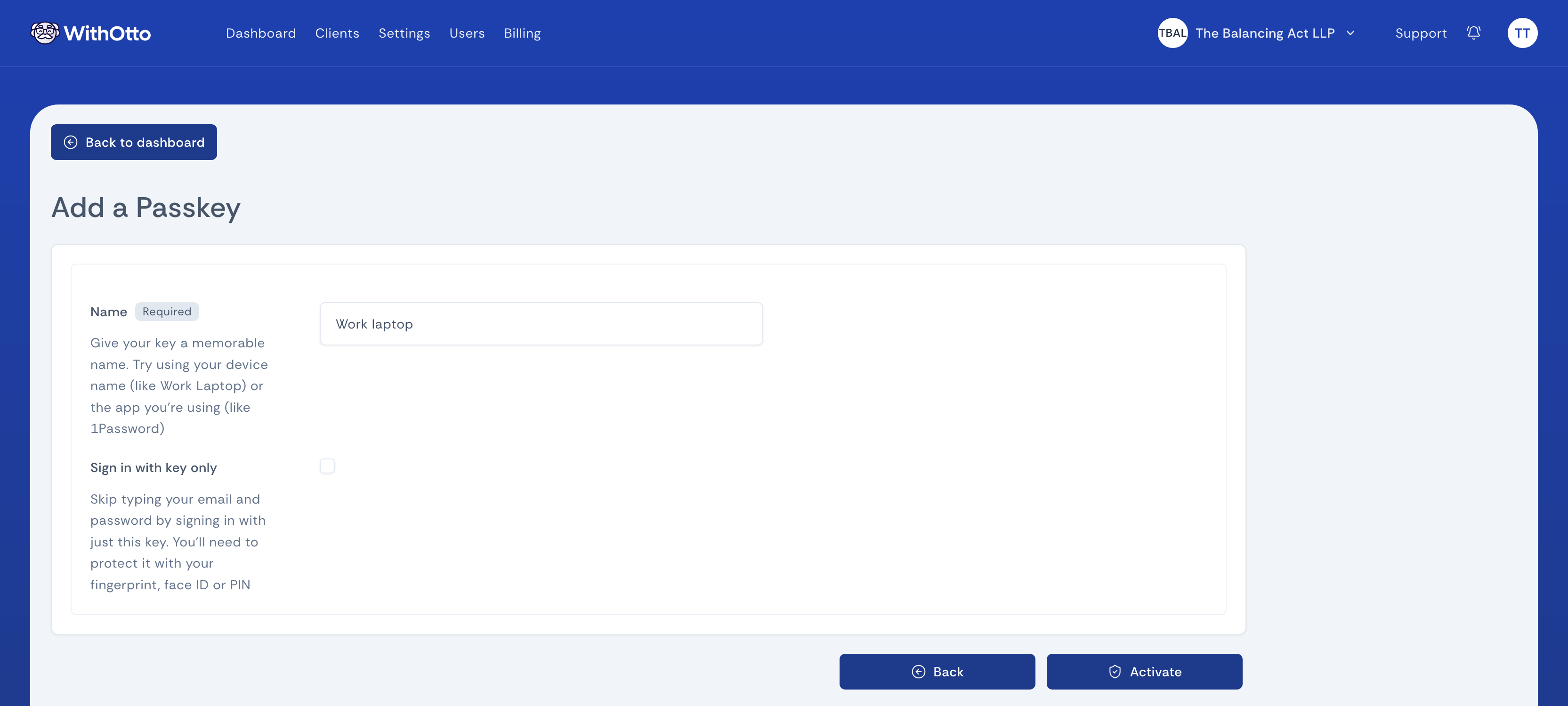 Passkey setup form with a text field to name your key and a checkbox option for key-only sign in