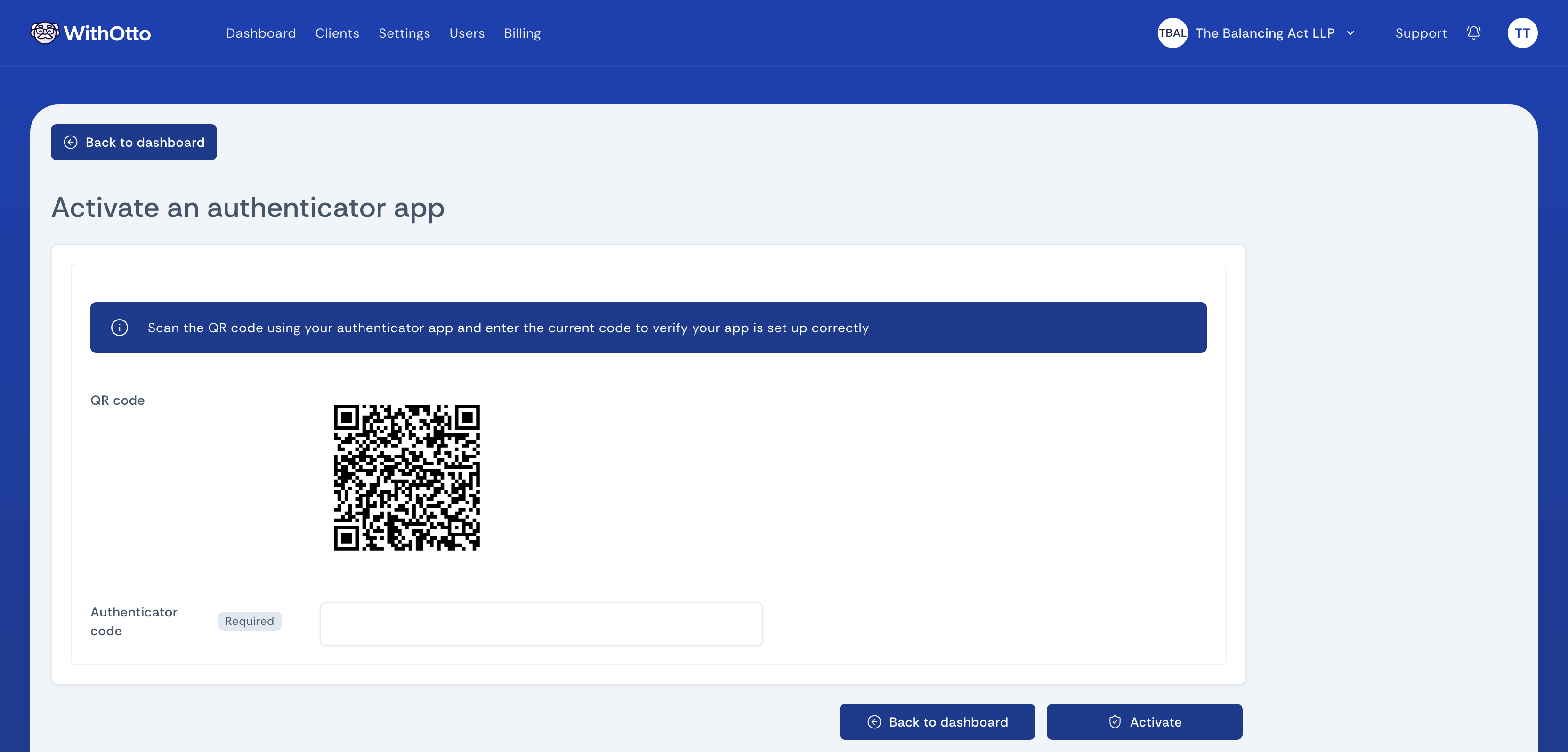 Authenticator app setup screen displaying a QR code for scanning and an input field for verification code entry