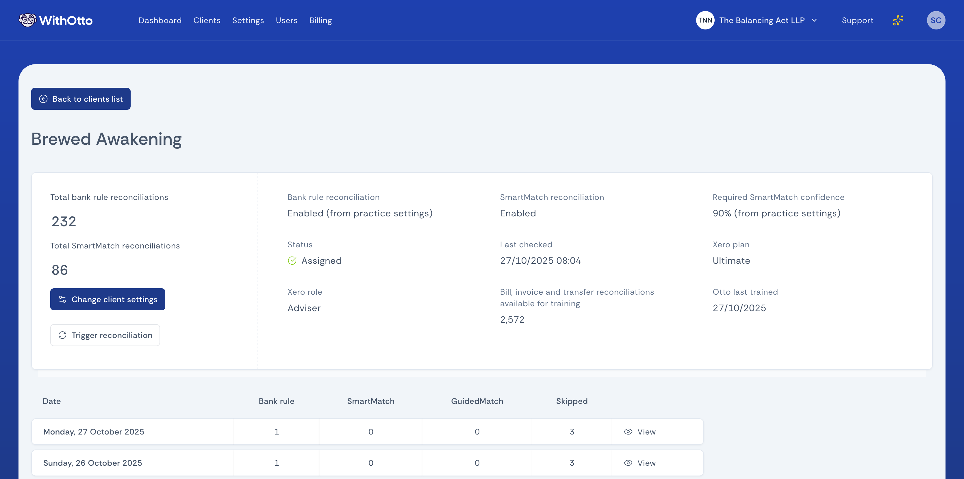 Screenshot of the client details page