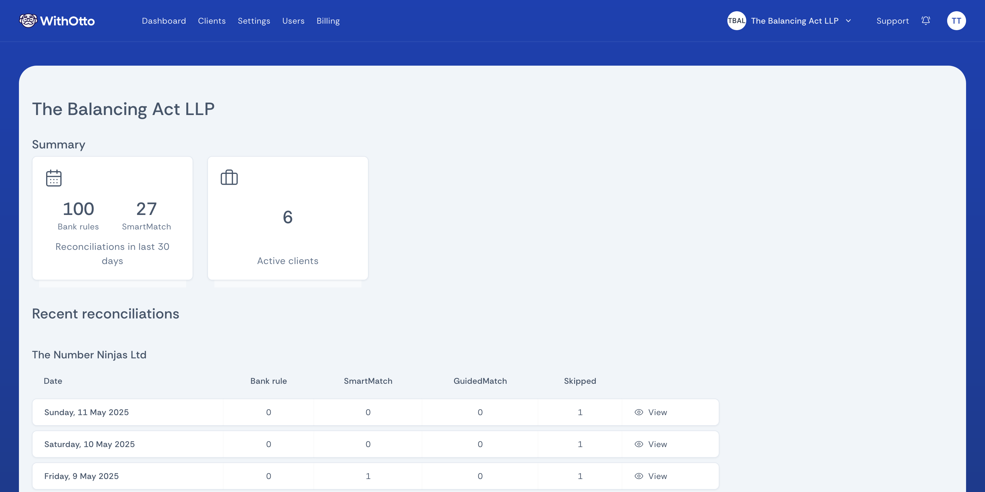 Screenshot of the dashboard page