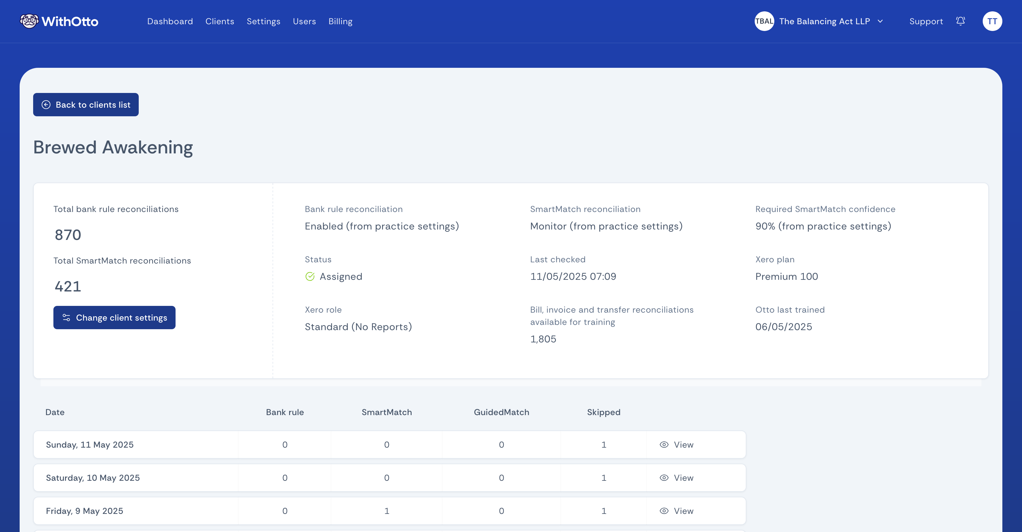 Screenshot of the client details page