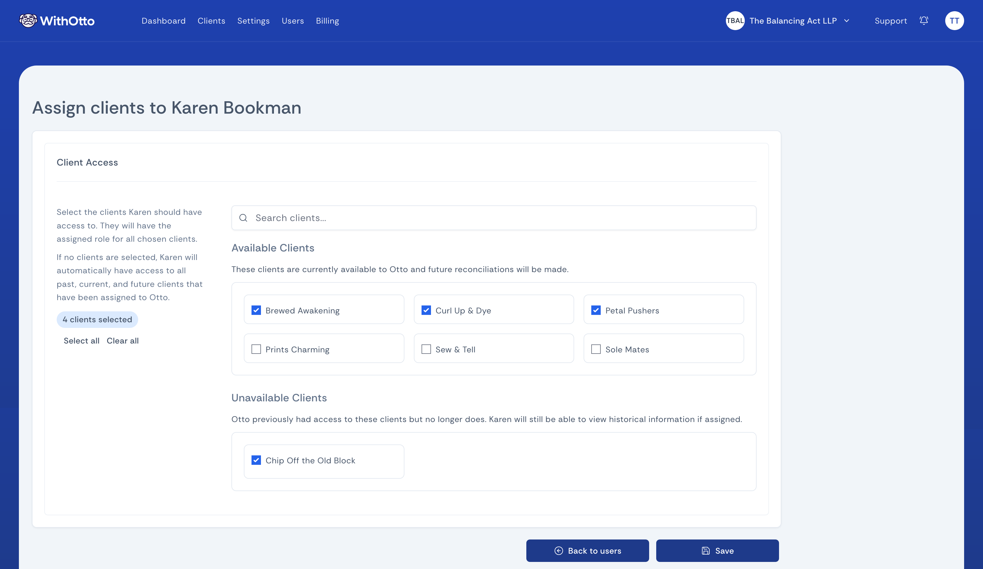 Screenshot of the assign clients page