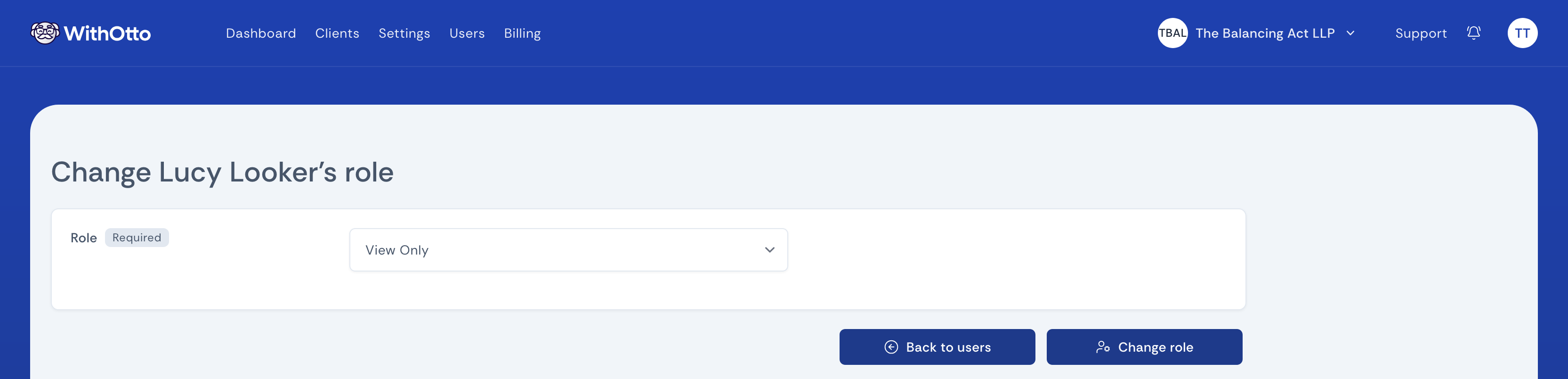 Screenshot of the change role page