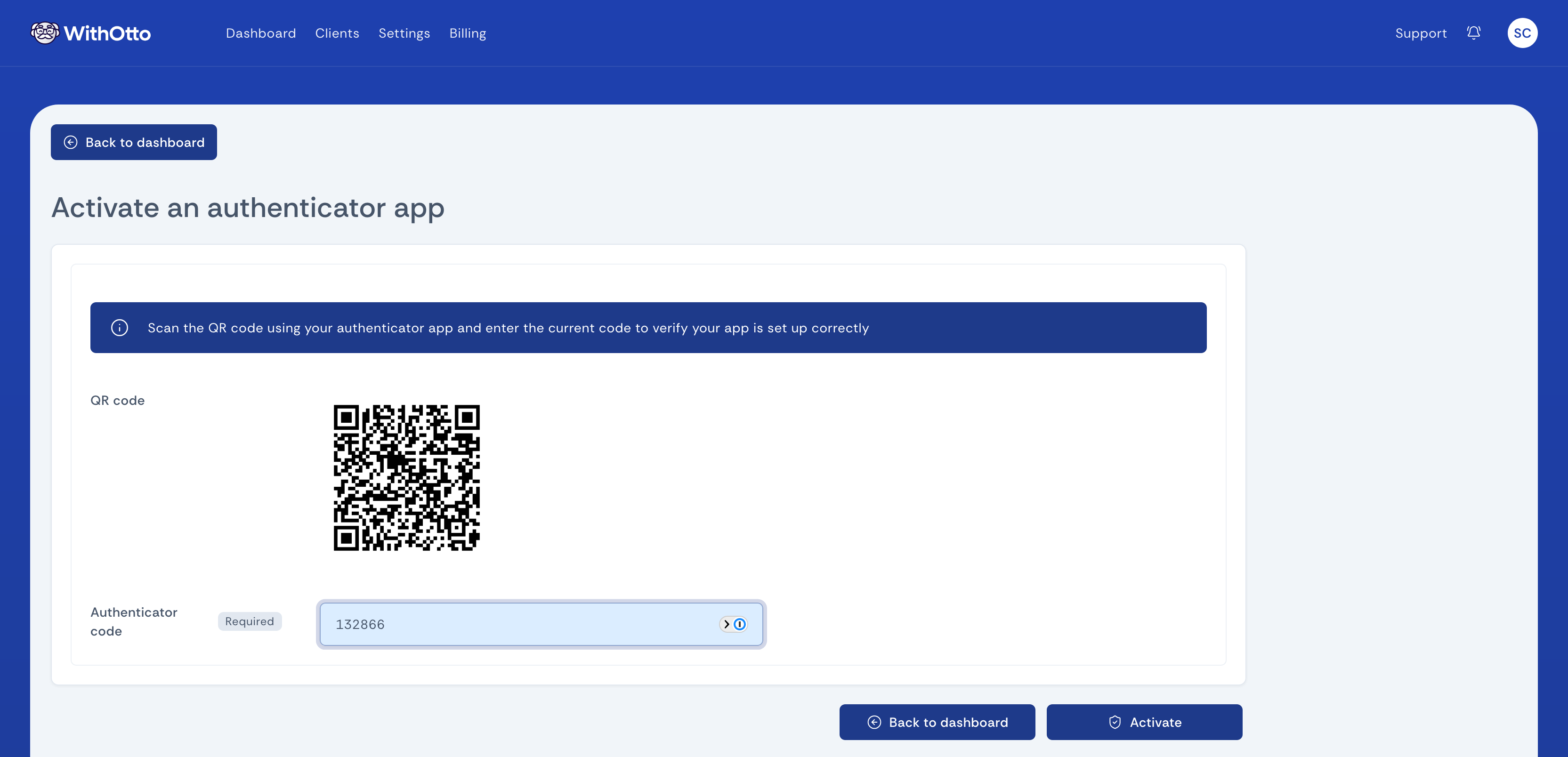 Authenticator app setup screen displaying a QR code for scanning and an input field for verification code entry