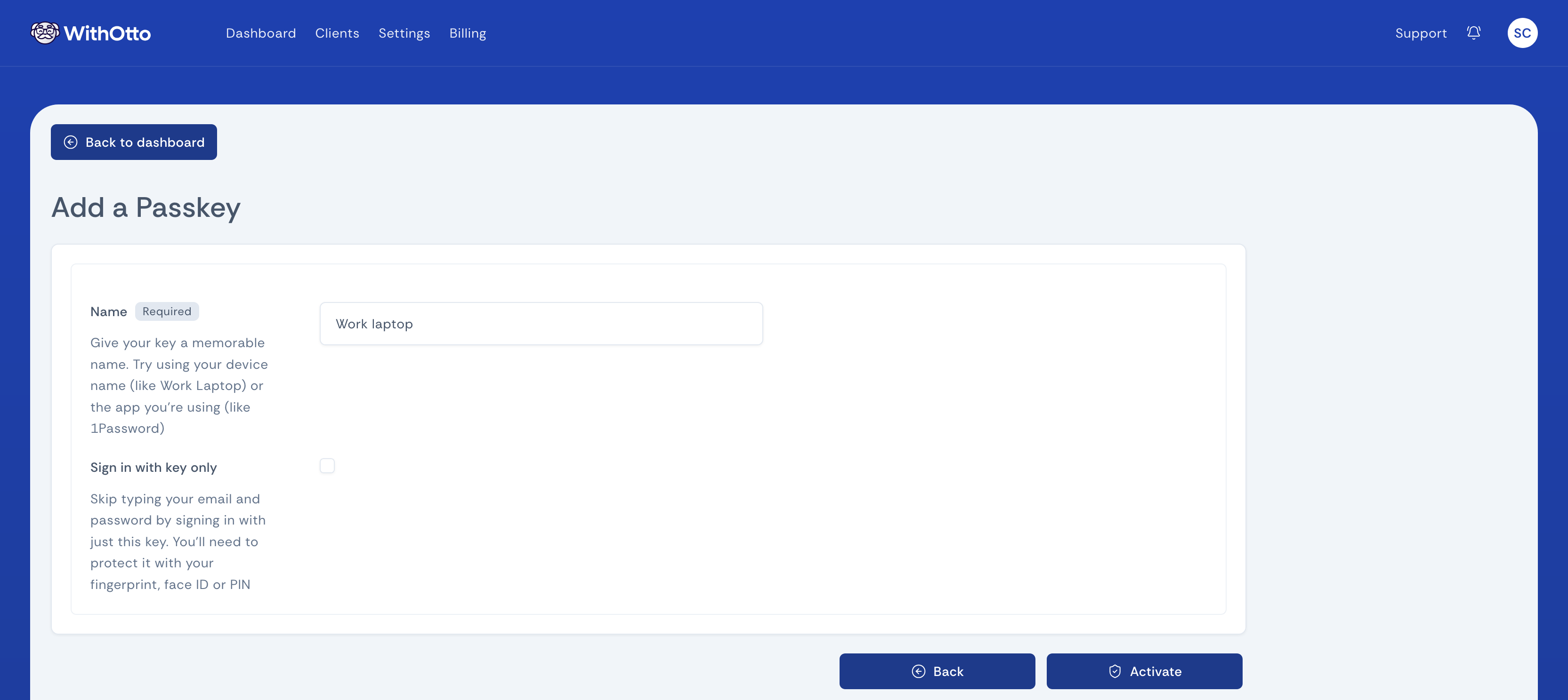 Passkey setup form with a text field to name your key and a checkbox option for key-only sign in