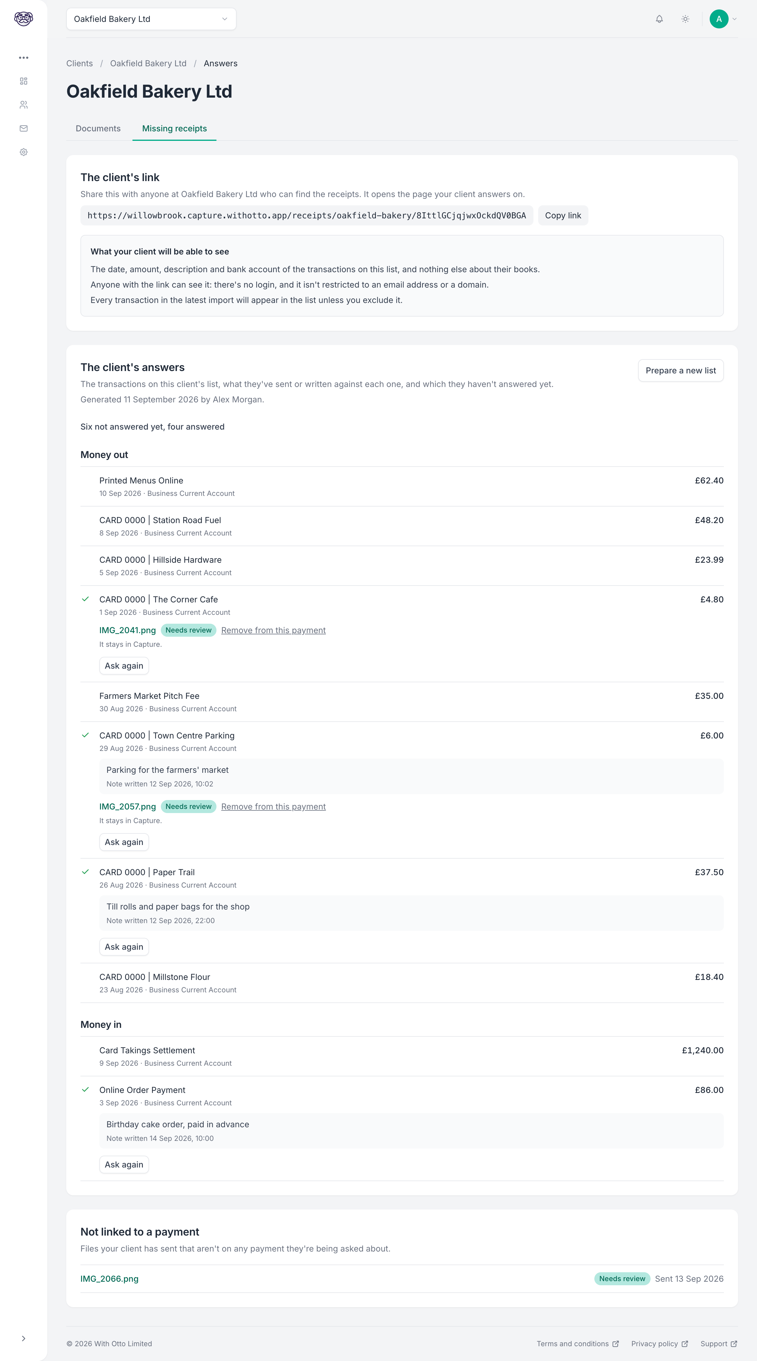 The client's answers page, listing payments under Money out and Money in, each answered one showing the client's note and the file they sent with its status and an Ask again button, and a Not linked to a payment section at the foot