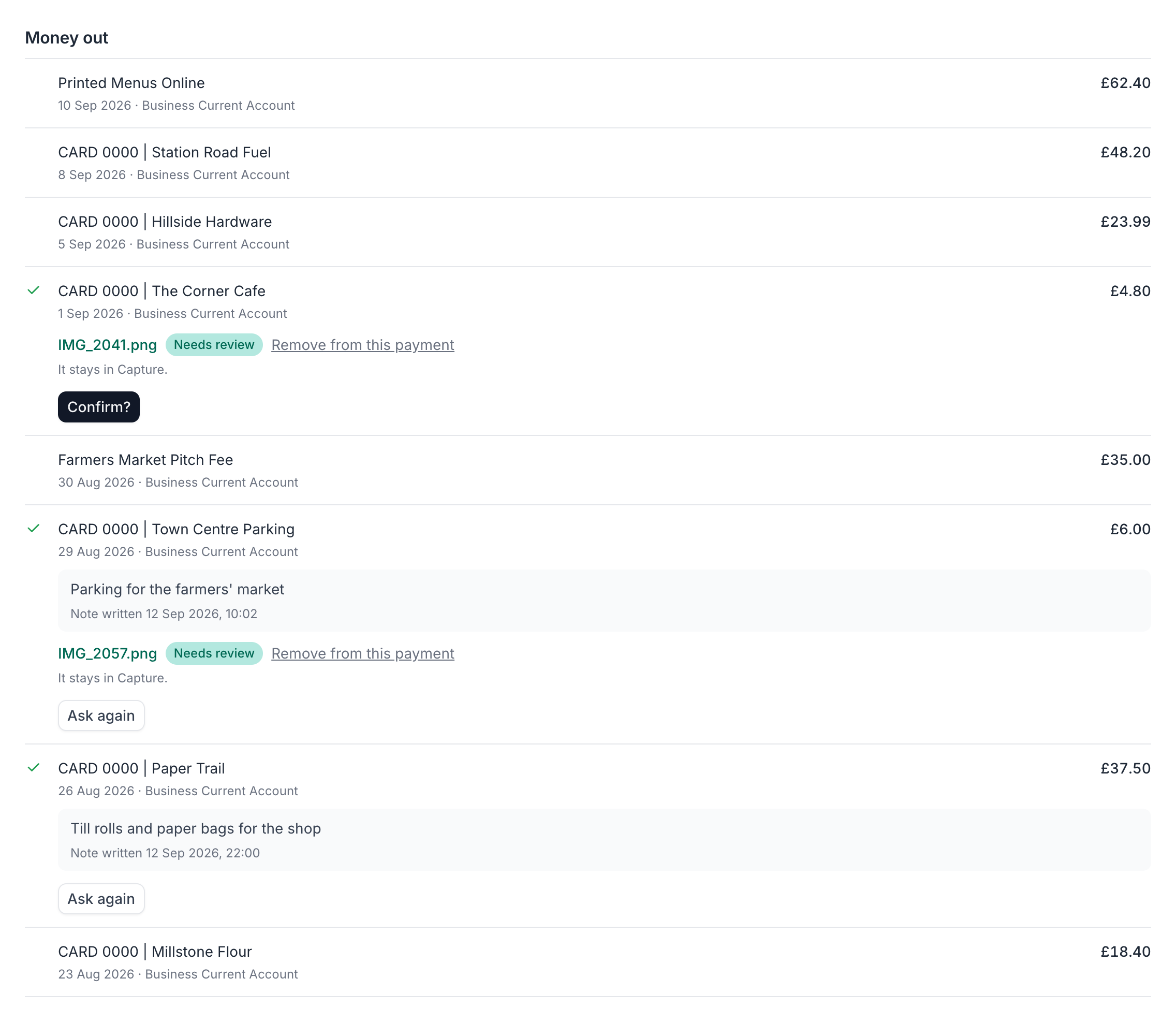 A payment on the answers page after Ask again has been clicked, with the button replaced by Confirm?, among other payments still showing their Ask again buttons