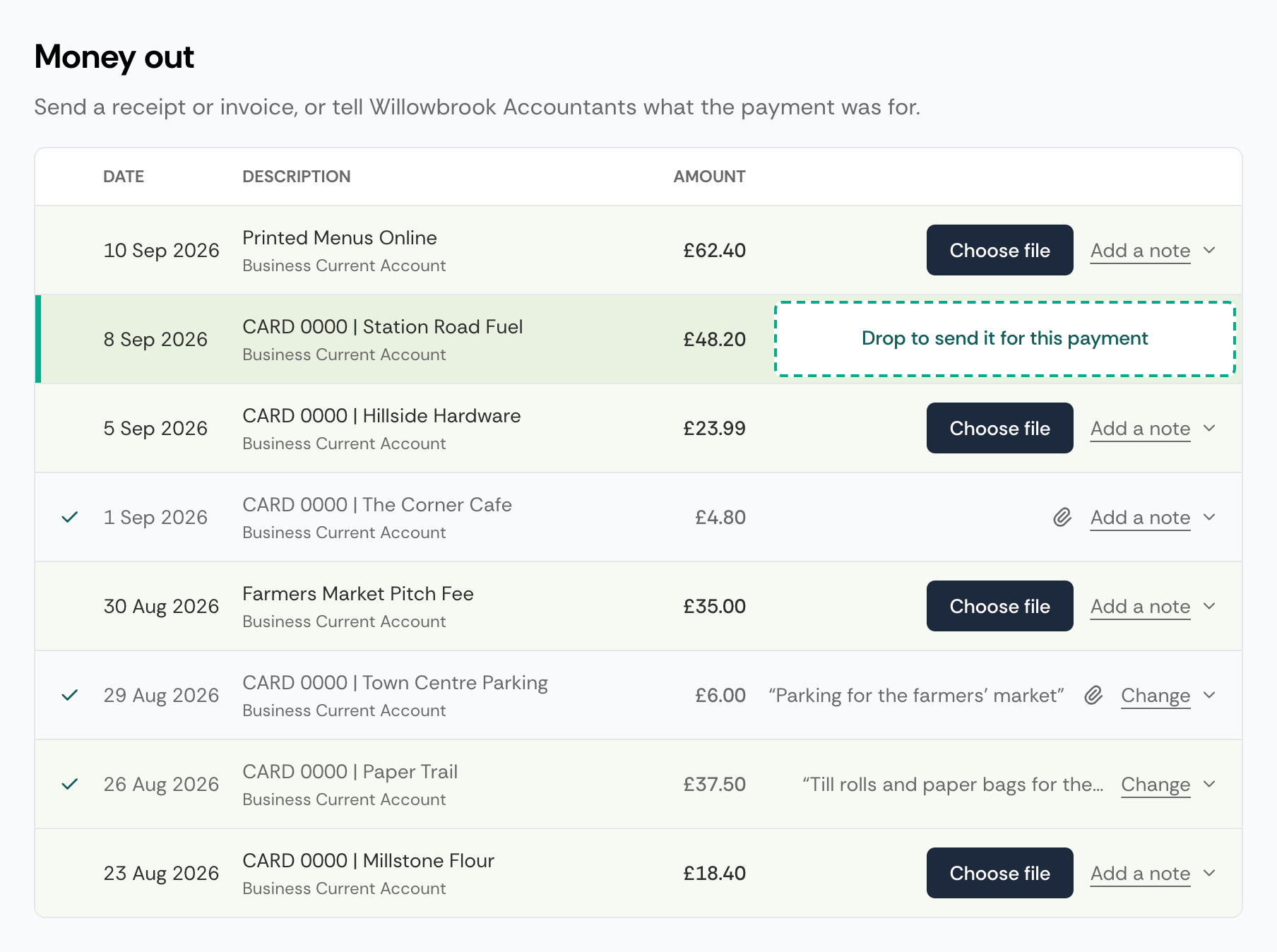 A file being dragged over one payment on the client's page, which is tinted and shows the hint Drop to send it for this payment in place of its controls, while the other payments carry a fainter tint