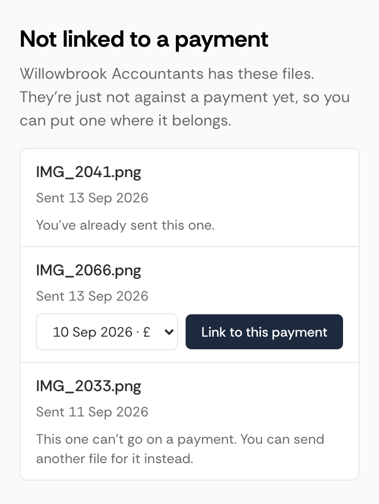The same section on a phone, each file listed with its date and, where it can still be placed, a payment picker and a Link to this payment button below it