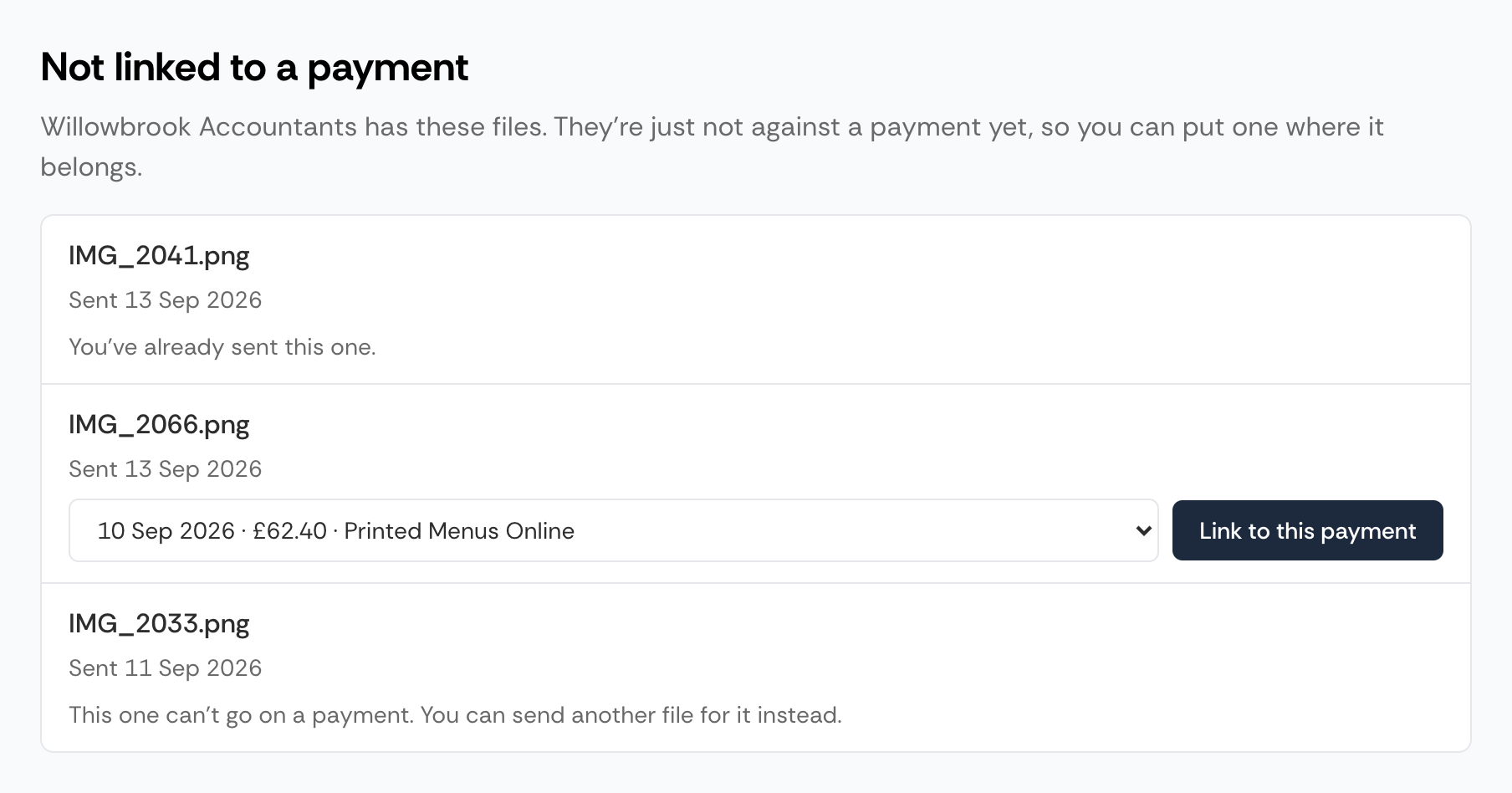 The Not linked to a payment section, listing three files: one that can be put on a payment through a dropdown and a Link to this payment button, one marked You've already sent this one, and one marked This one can't go on a payment. You can send another file for it instead
