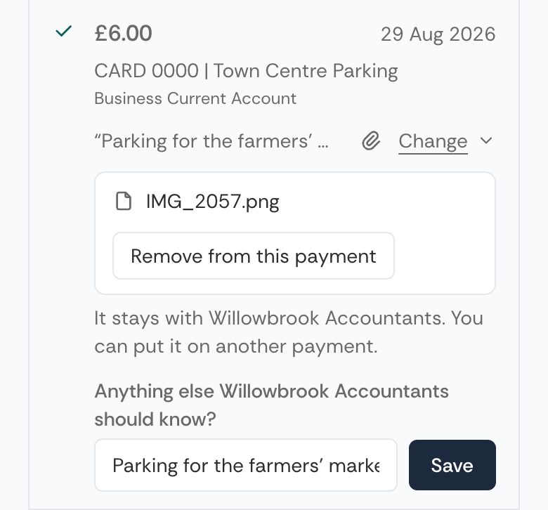 The same payment on a phone, its panel stacked: the file with Remove from this payment beneath it, then the note box and Save