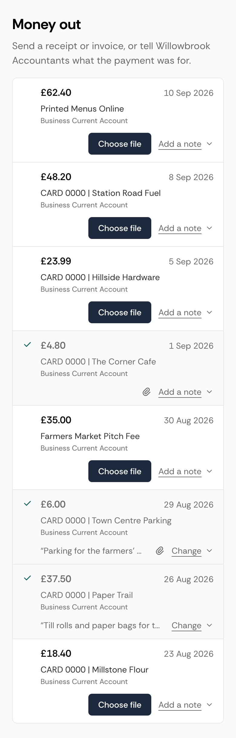 The Money out section on a phone, with each payment as a stacked card showing the amount, date, description and bank account, and Choose file and Add a note controls