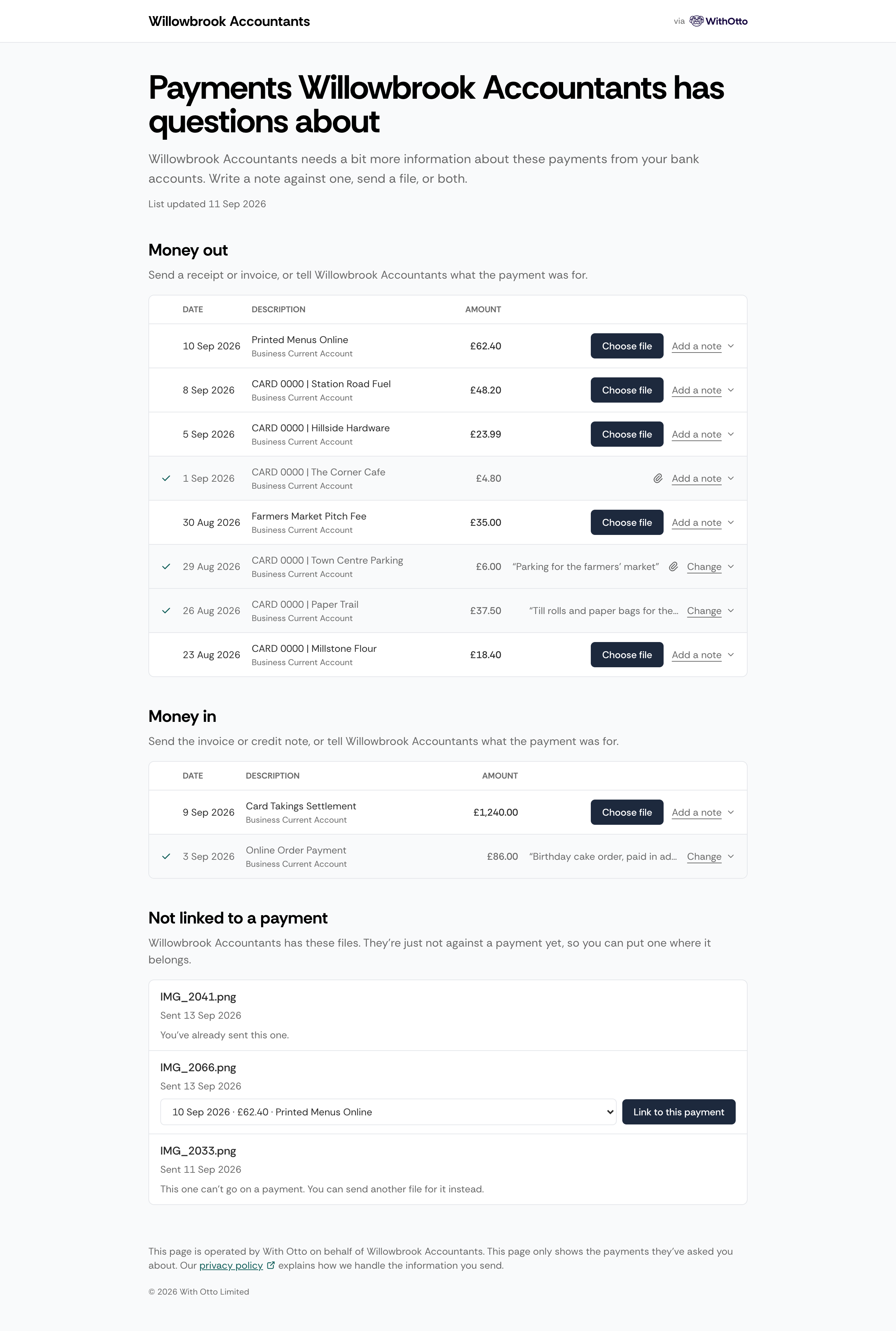 The client's page, headed Payments Willowbrook Accountants has questions about, with Money out and Money in sections listing each payment's date, description, bank account and amount, a Choose file button and Add a note control on each, and a Not linked to a payment section at the foot