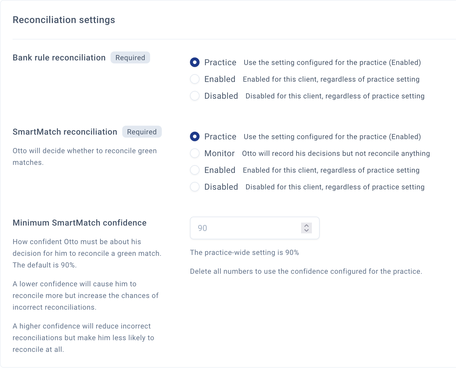 Screenshot of the reconciliation settings for a client