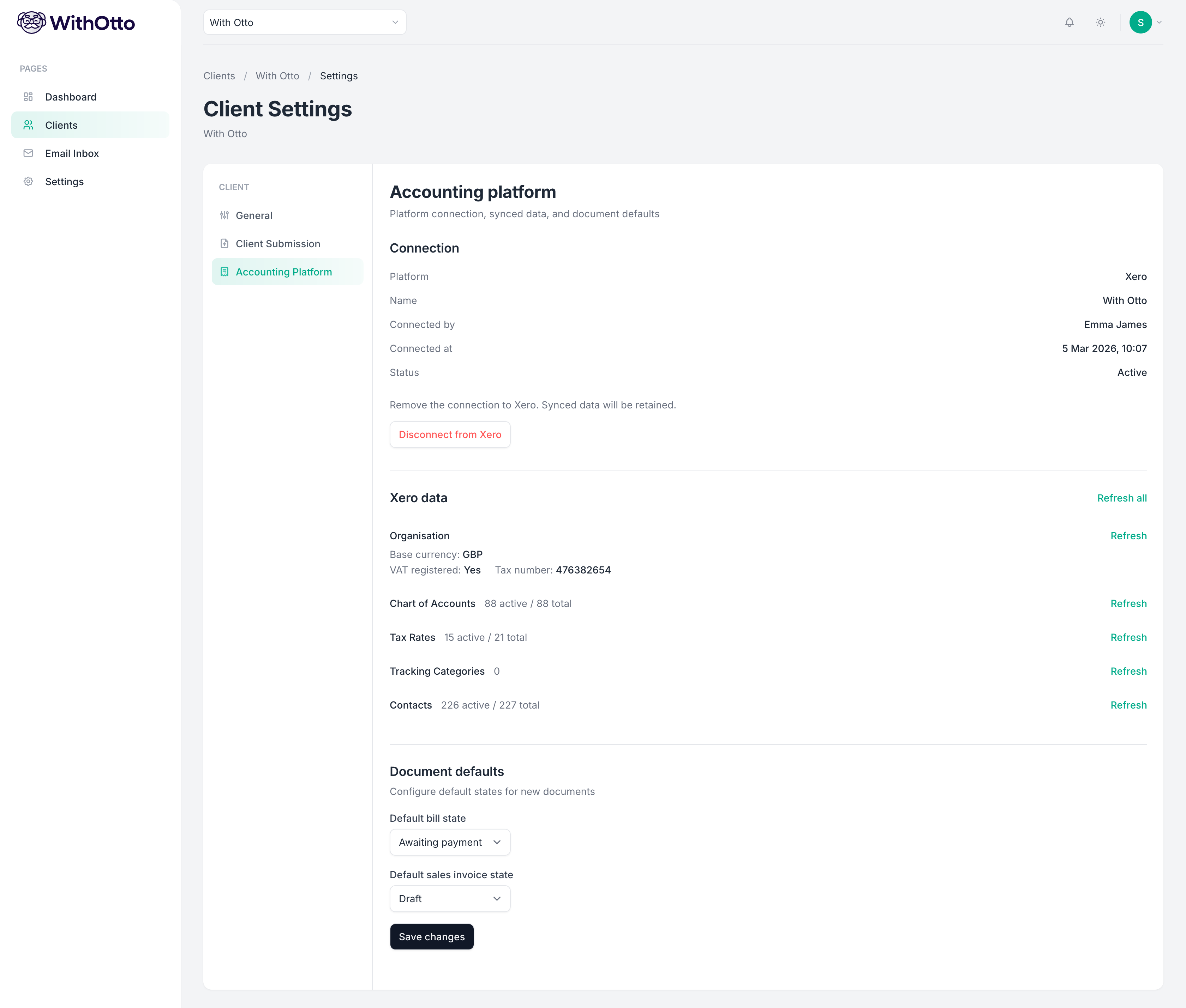 Client accounting platform settings and information