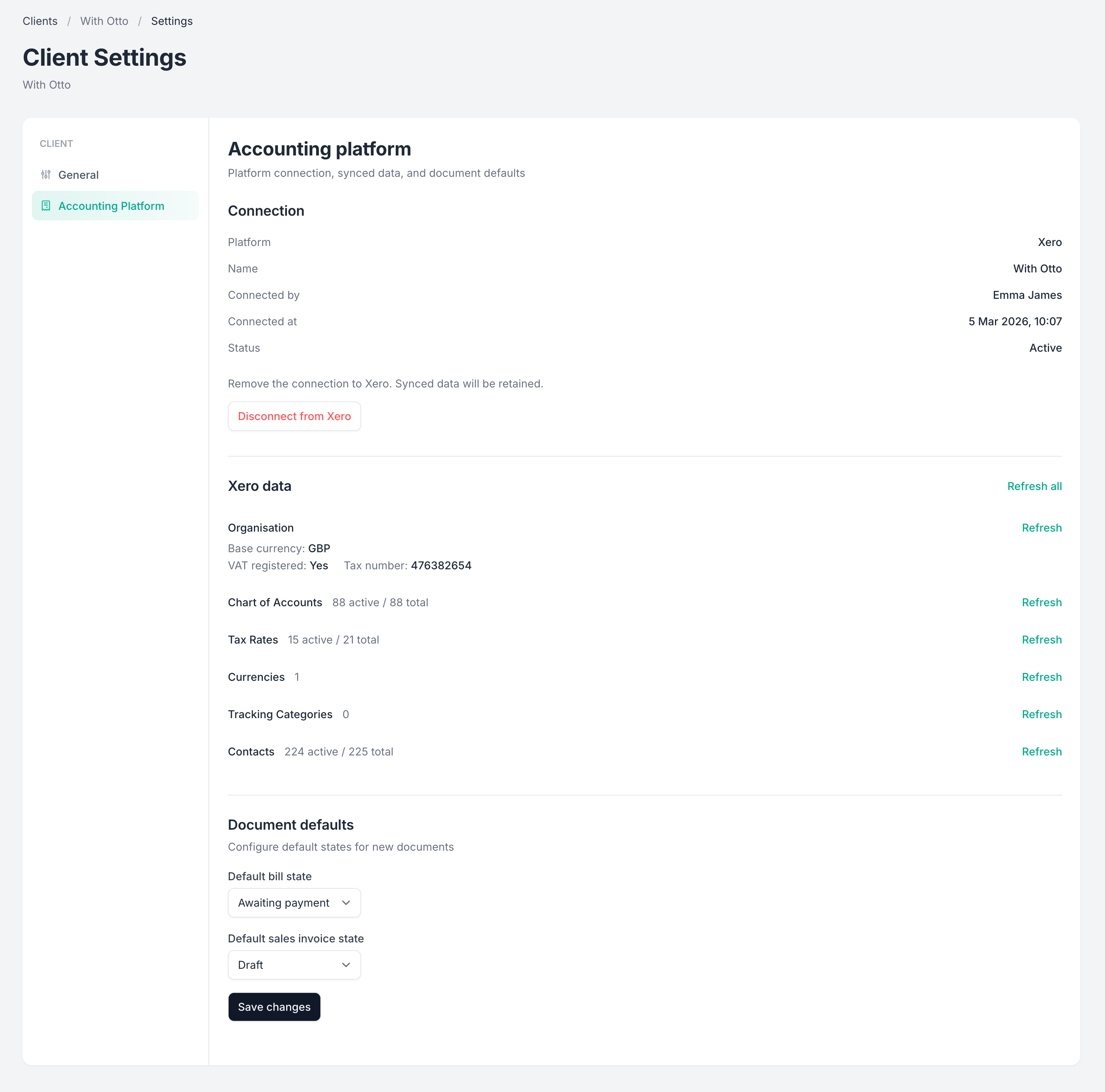 Client accounting platform settings and information