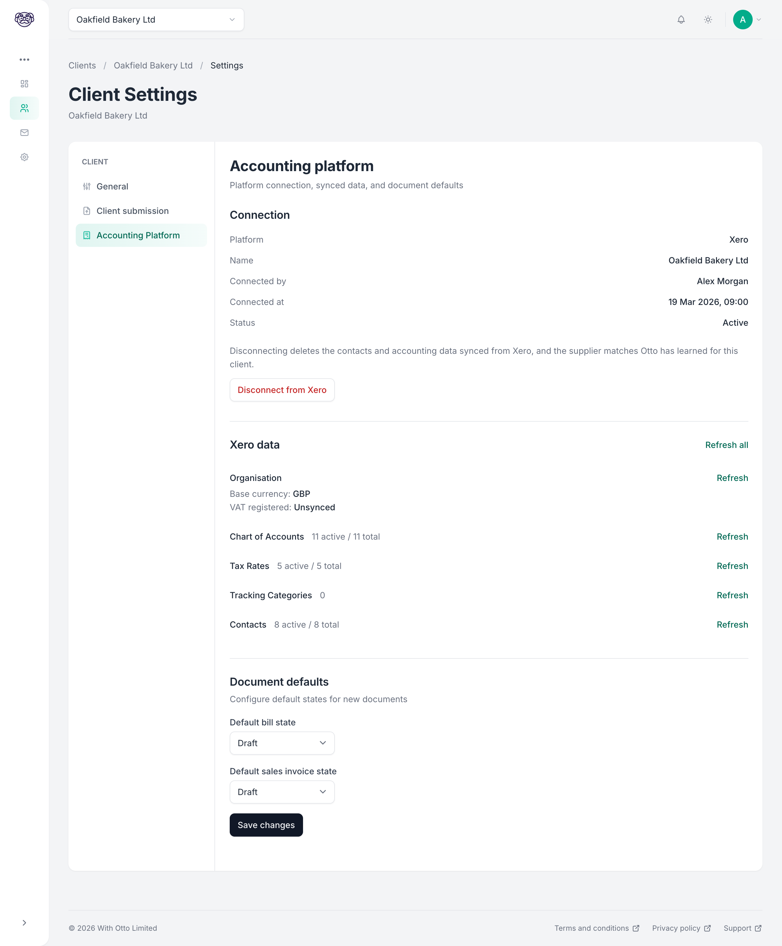 The Accounting platform tab of a client's settings, showing the connected platform and organisation, the default publish state, and when each kind of synced data was last refreshed