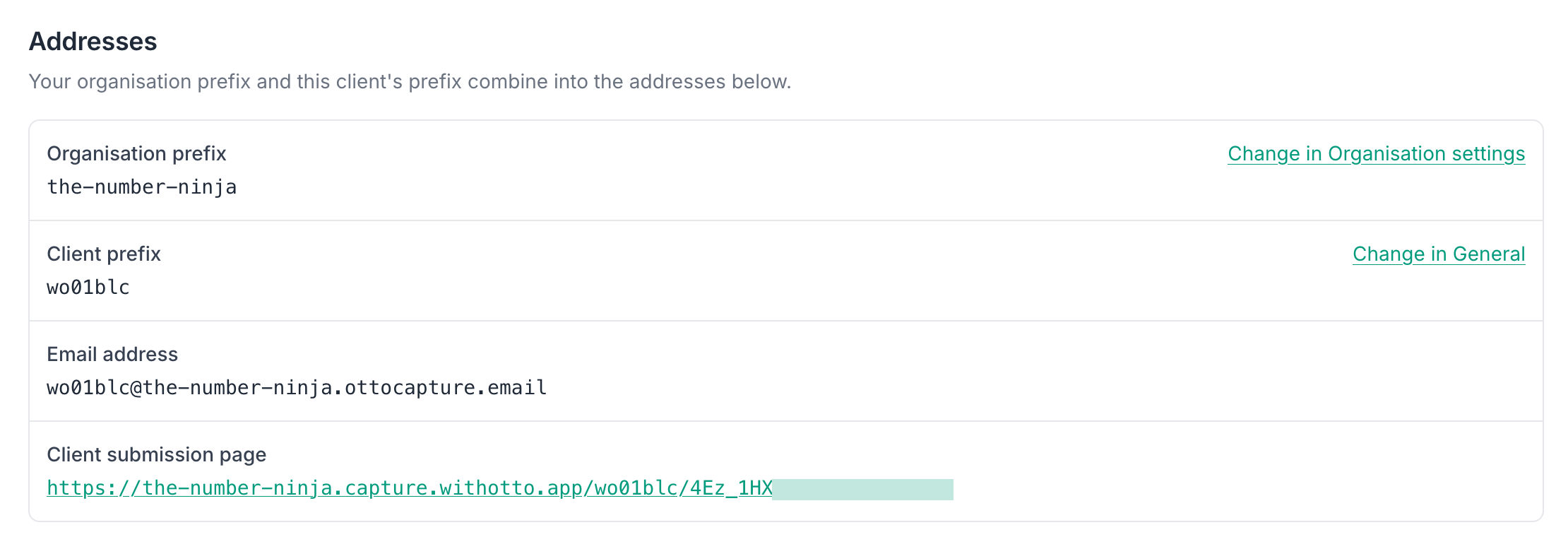 The Addresses section of the Client Submission tab, listing the organisation prefix, the client prefix, the client's email address, and the submission page link
