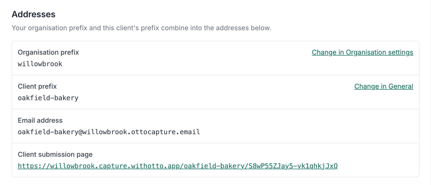 The Addresses section of the Client Submission tab, listing the organisation prefix, the client prefix, the client's email address, and the submission page link