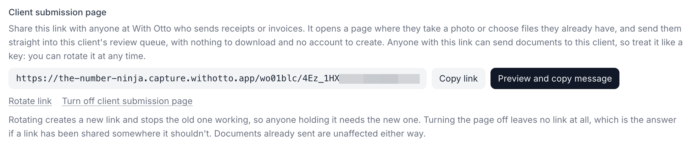 The client submission page area of a client's settings, showing the link with buttons to copy it or preview and copy a message, and the options to rotate the link or turn the page off