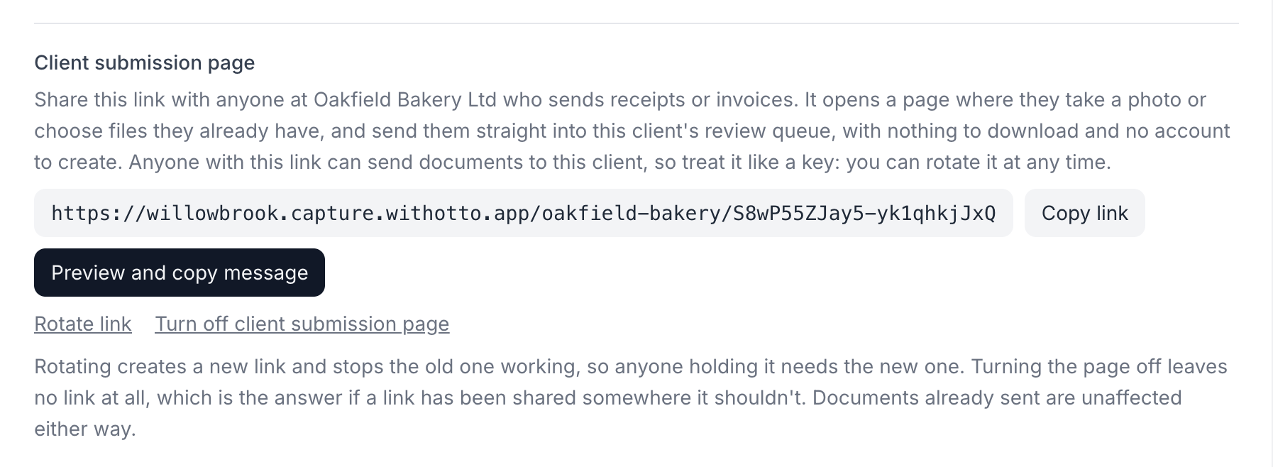 The client submission page area of a client's settings, showing the link with buttons to copy it or preview and copy a message, and the options to rotate the link or turn the page off