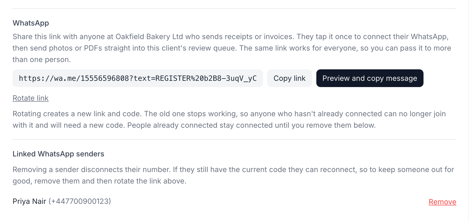 The WhatsApp area of a client's settings, showing the invite link with buttons to copy it or preview and copy the invite message, and the linked WhatsApp senders listed below
