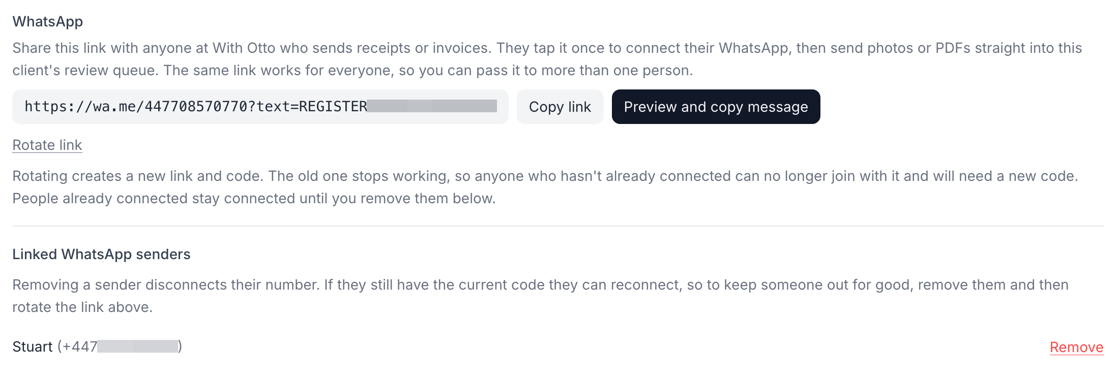 The WhatsApp area of a client's settings, showing the invite link with buttons to copy it or preview and copy the invite message, and the linked WhatsApp senders listed below