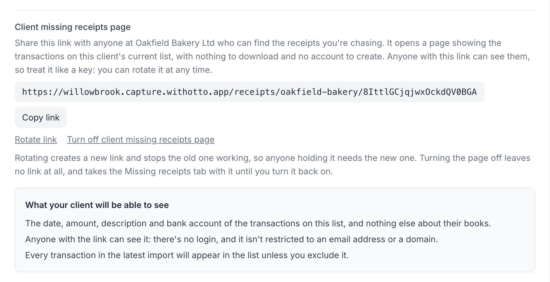 The Client missing receipts page area of a client's settings, showing the link with a Copy link button, then Rotate link and Turn off client missing receipts page, above a panel headed What your client will be able to see