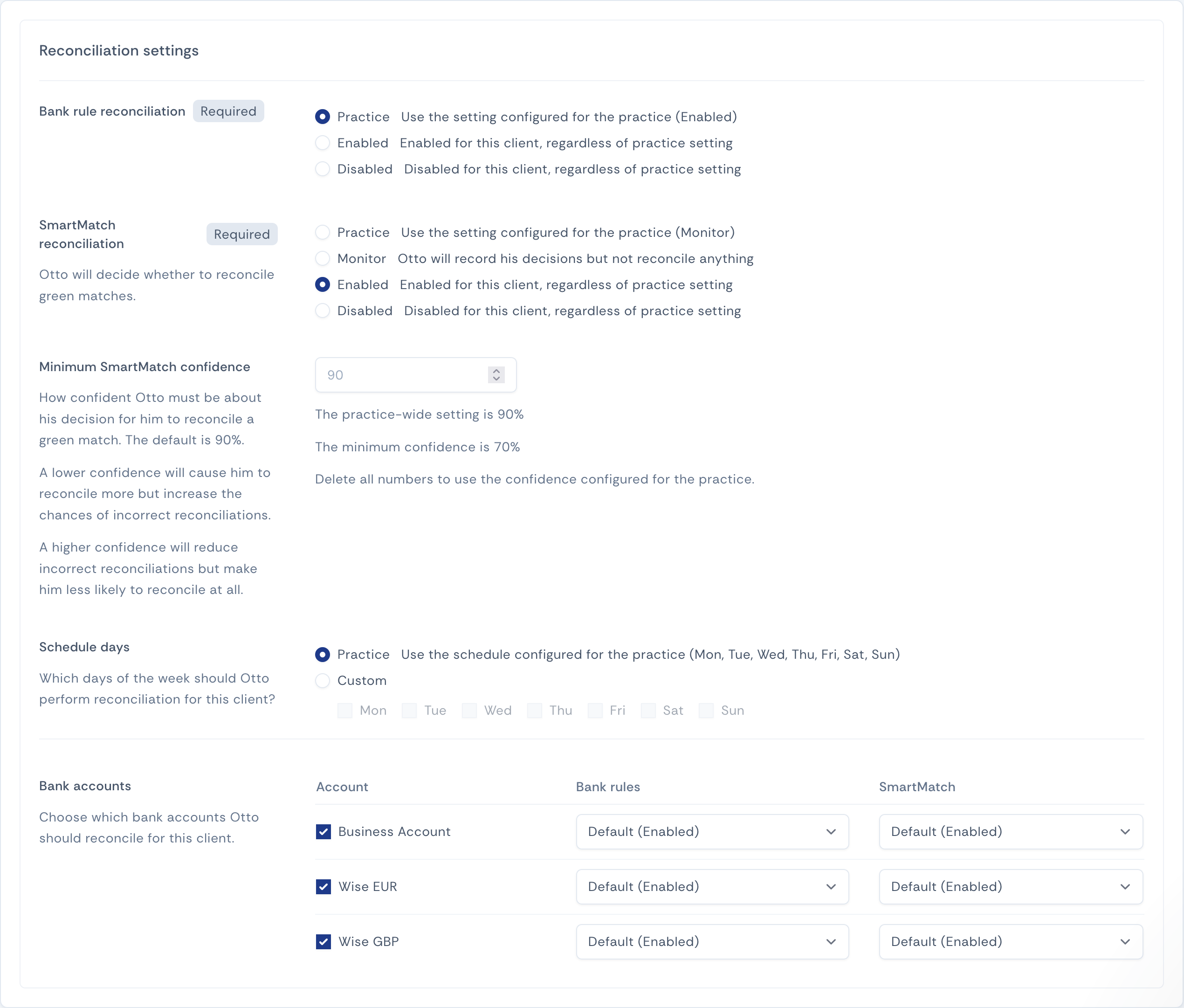 Screenshot of the reconciliation settings for a client