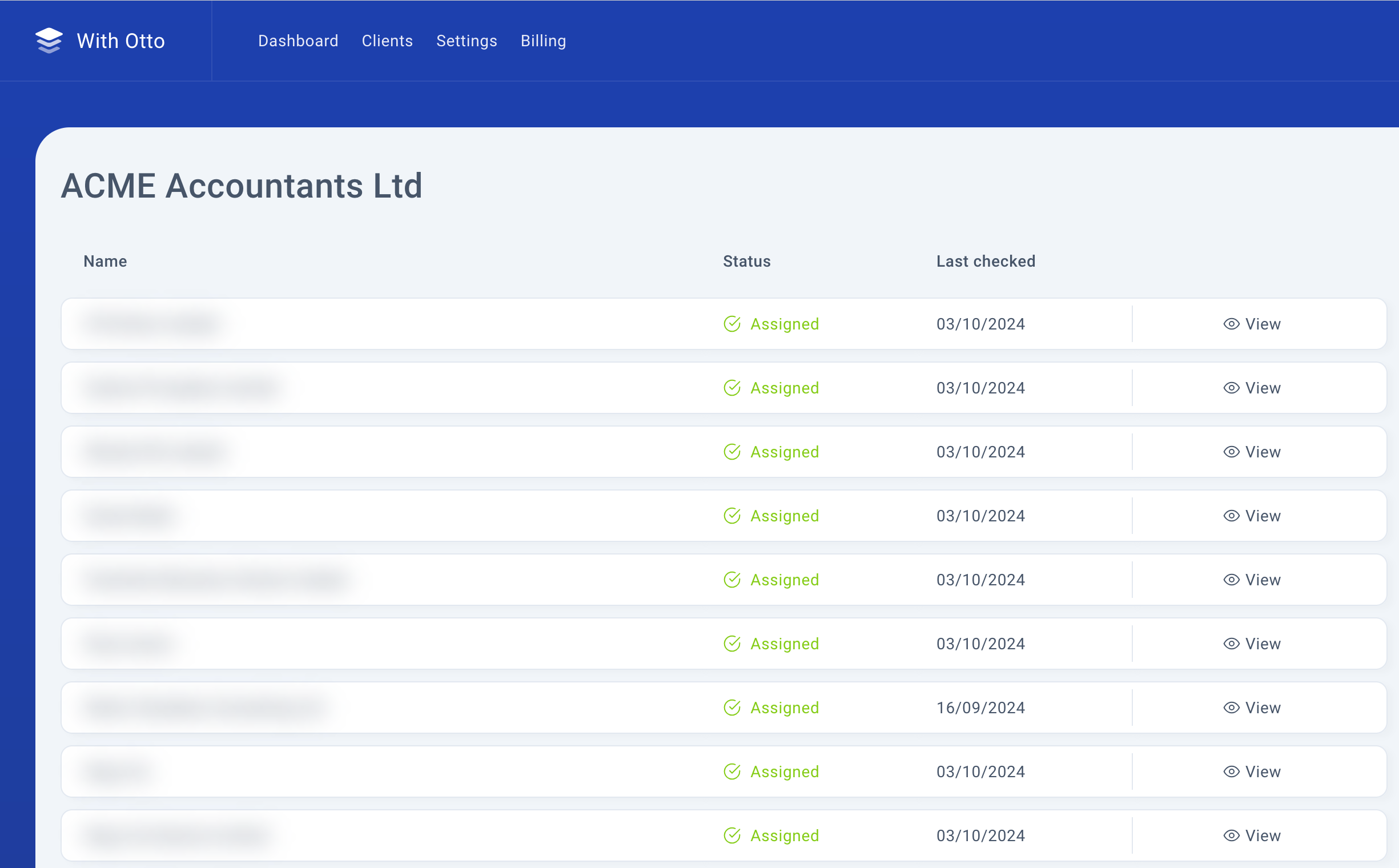 Screenshot of the clients list page