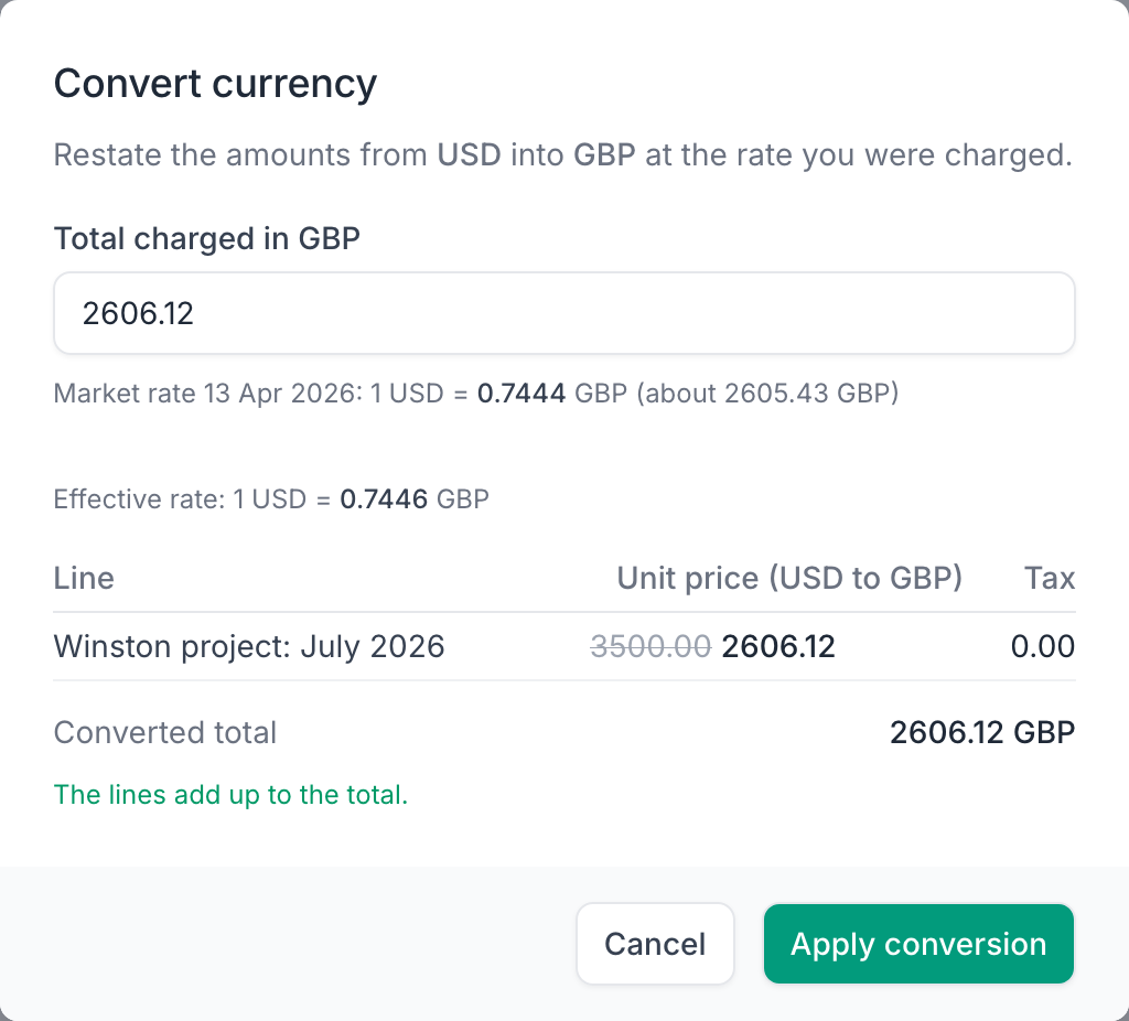 The convert currency dialog, showing the total charged in GBP, the effective rate, and a per-line preview of the converted amounts
