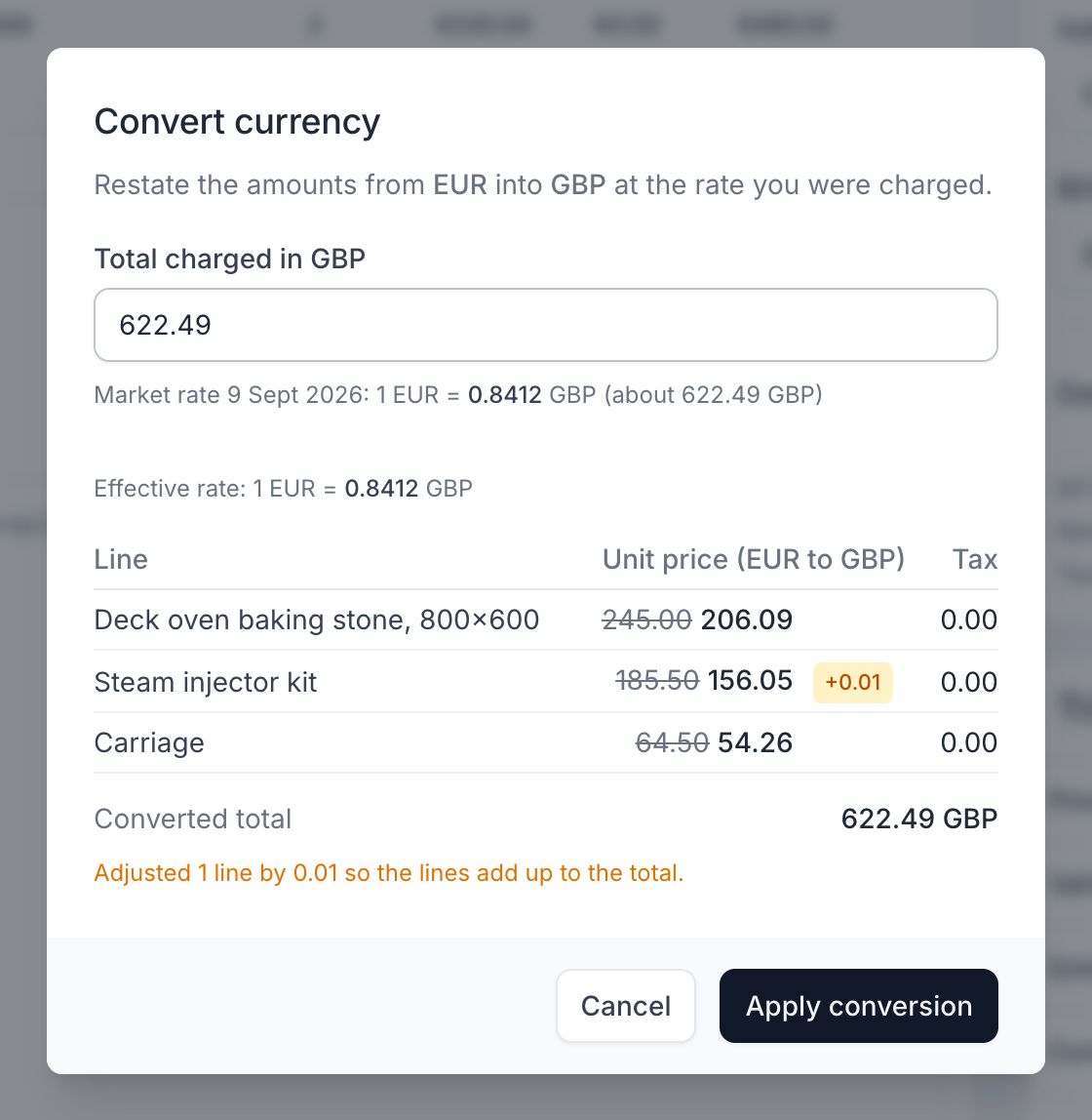The convert currency dialog, showing the total charged in GBP, the effective rate, and a per-line preview of the converted amounts