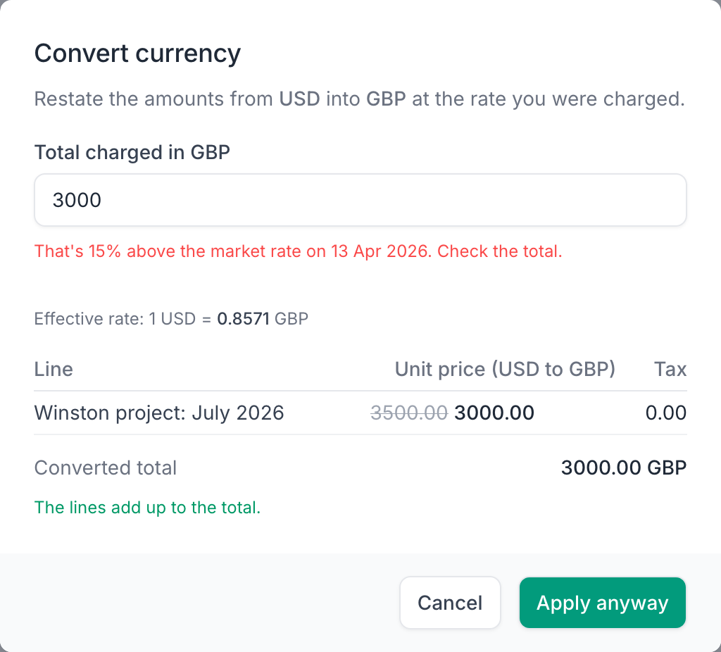 The convert currency dialog showing a warning that the entered total is 15% above the market rate, with the button relabelled to Apply anyway