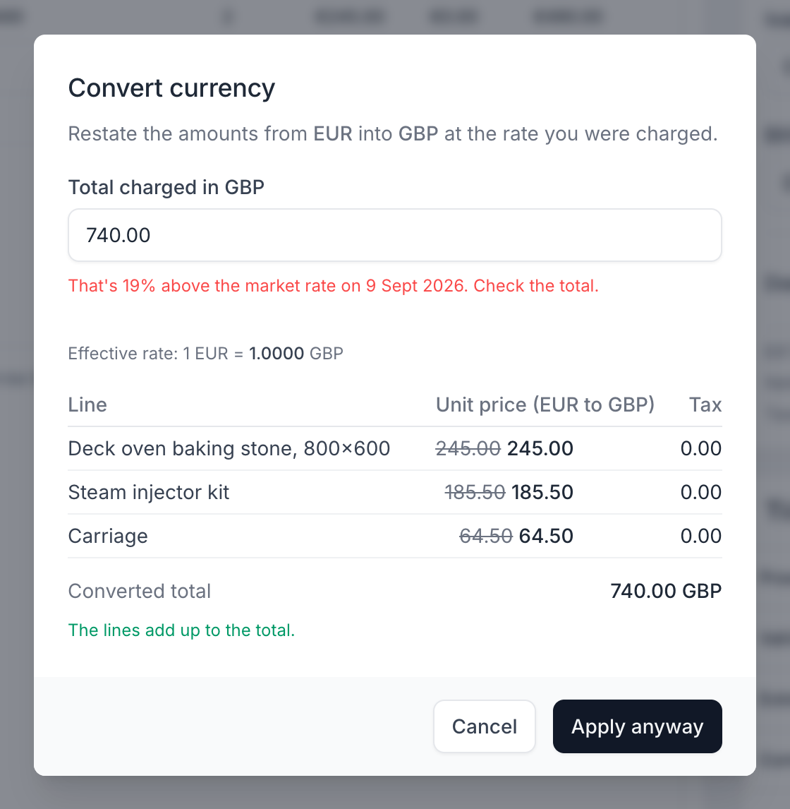 The convert currency dialog showing a warning that the entered total is 15% above the market rate, with the button relabelled to Apply anyway