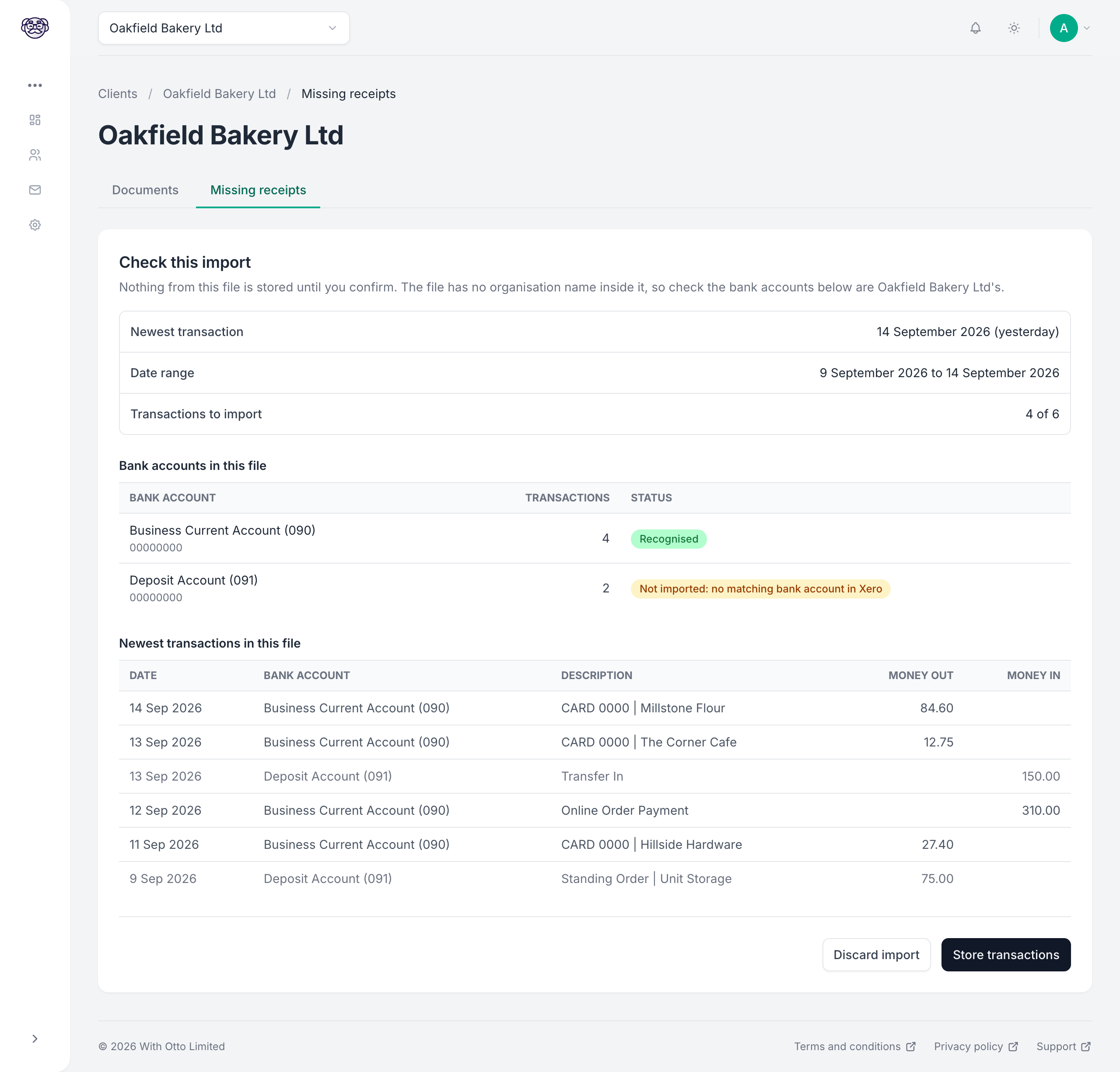 The Check this import screen, listing the newest transaction as 14 September 2026 (yesterday), a date range, 4 of 6 transactions to import, and two bank accounts: Business Current Account marked Recognised, and Deposit Account marked Not imported: no matching bank account in Xero