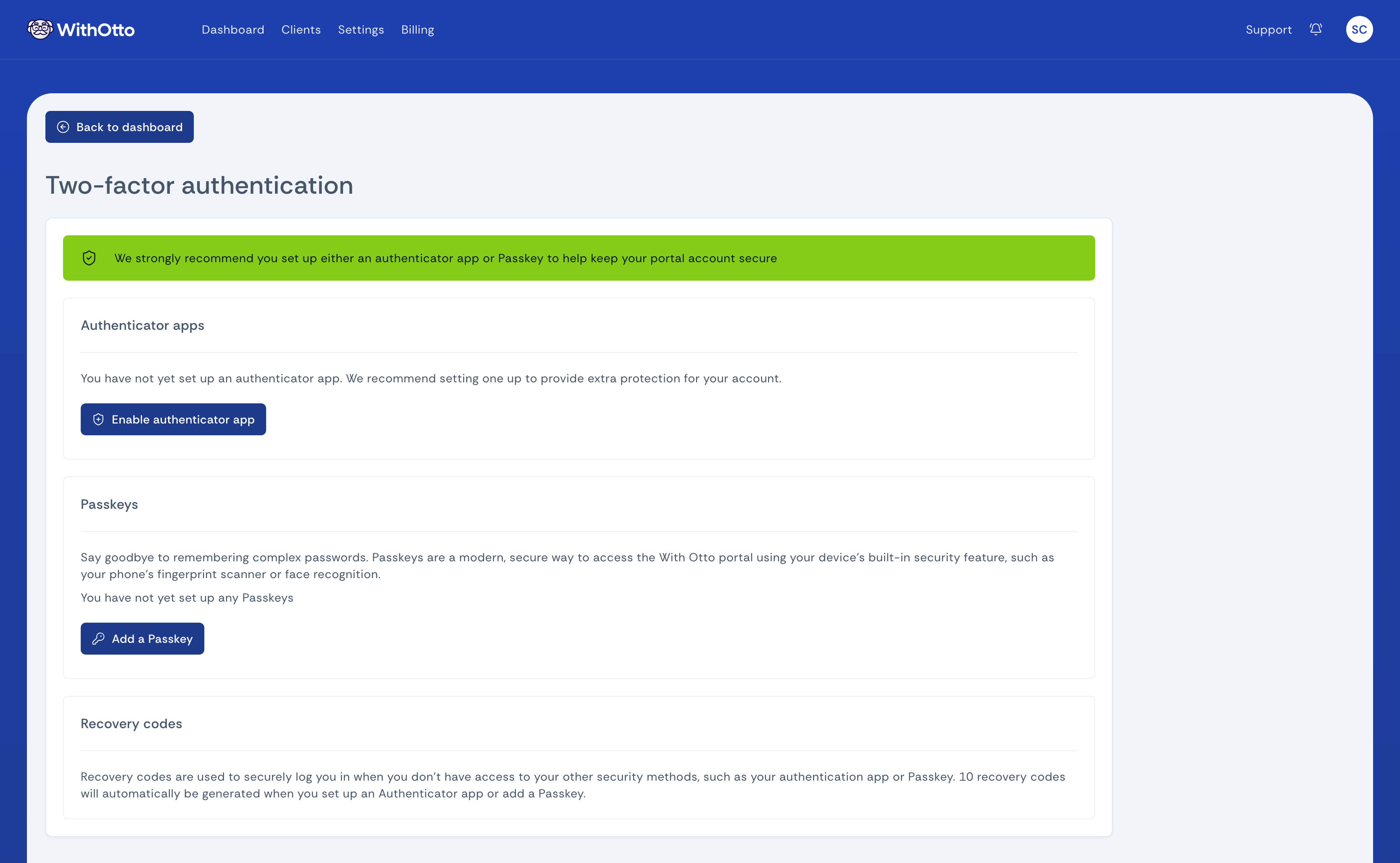 Two-factor authentication setup page showing options for authenticator app and Passkey, with a green security recommendation banner at the top