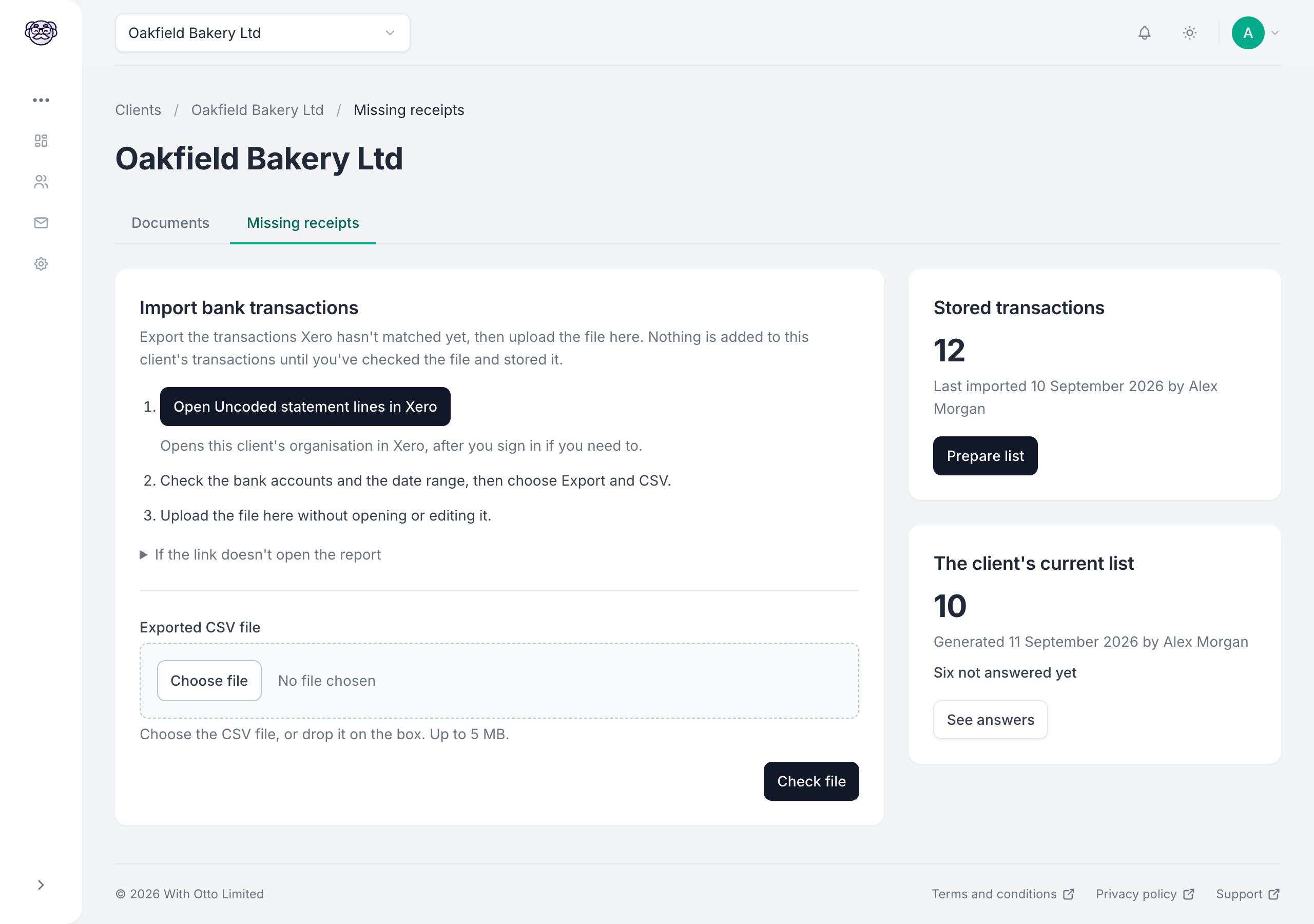 The Missing receipts tab for a client, with the steps for exporting from Xero and a file picker on the left, and two cards on the right: Stored transactions showing 12, and The client's current list showing 10 with six not answered yet