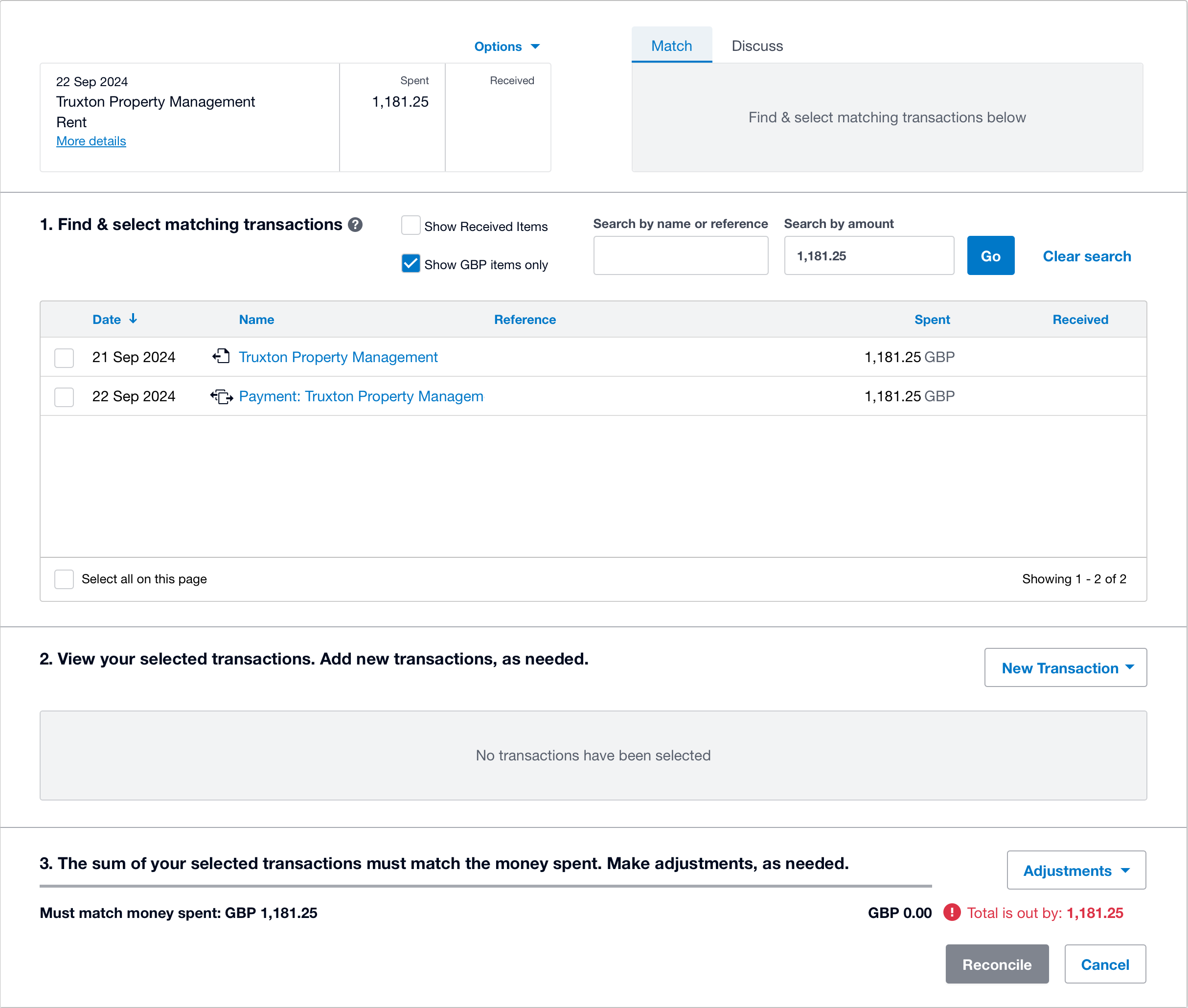 A screenshot showing multiple possible matches for a bank transaction