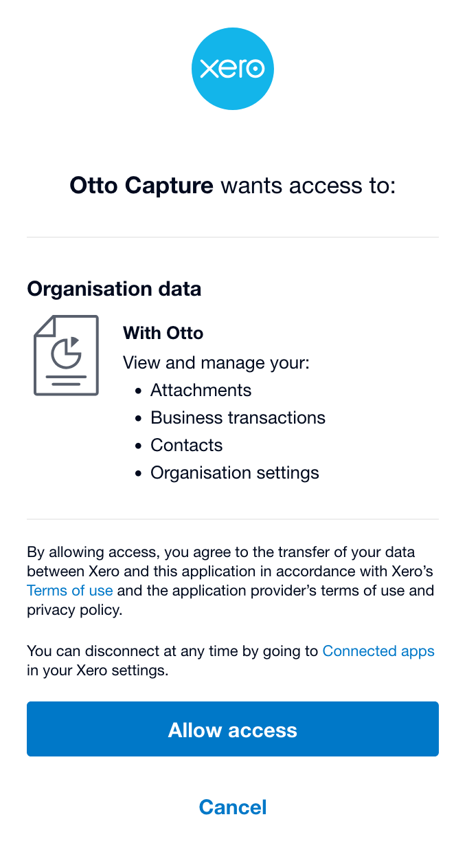 Screenshot of Xero's authorisation screen, where Otto Capture requests access to organisation data, with an Allow access button