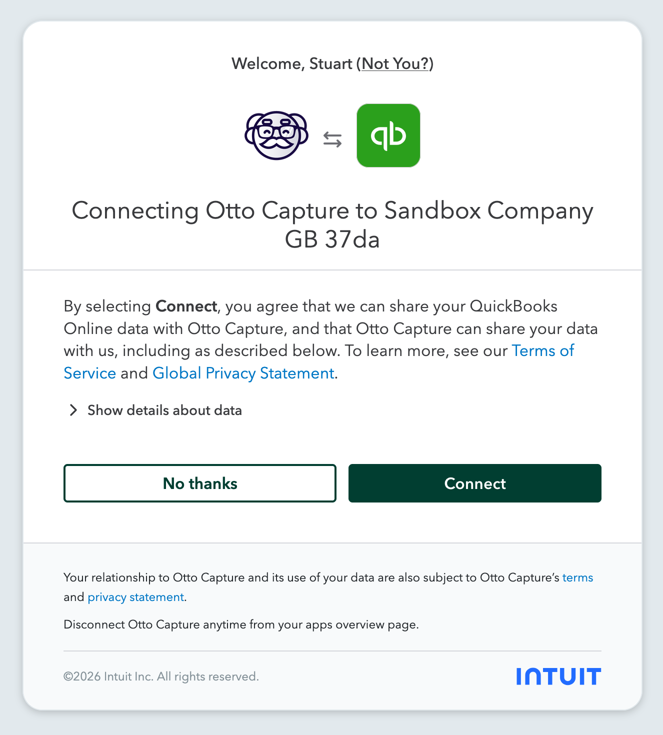 Screenshot of the QuickBooks Online authorisation screen, headed Connecting Otto Capture to the company being connected, with No thanks and Connect buttons