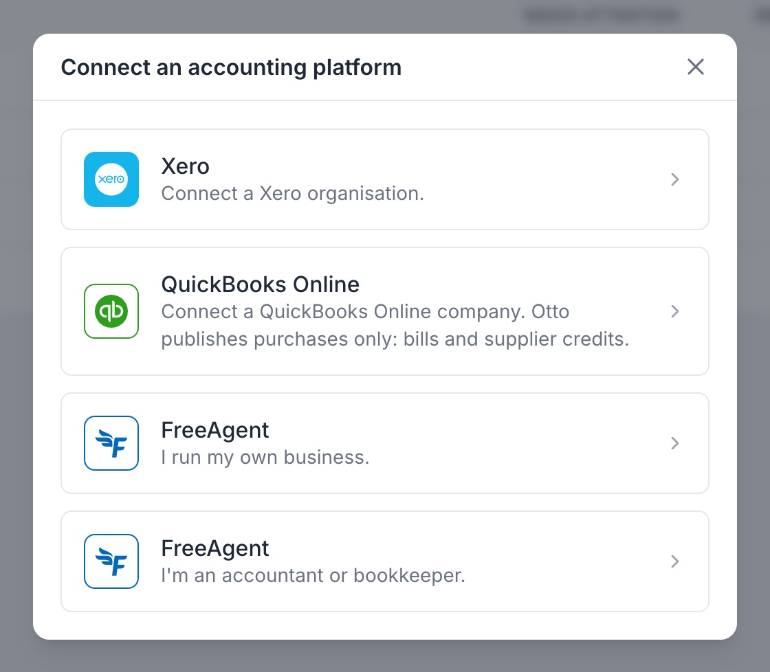 The Connect an accounting platform dialog, listing Xero, QuickBooks Online, and two FreeAgent connection options