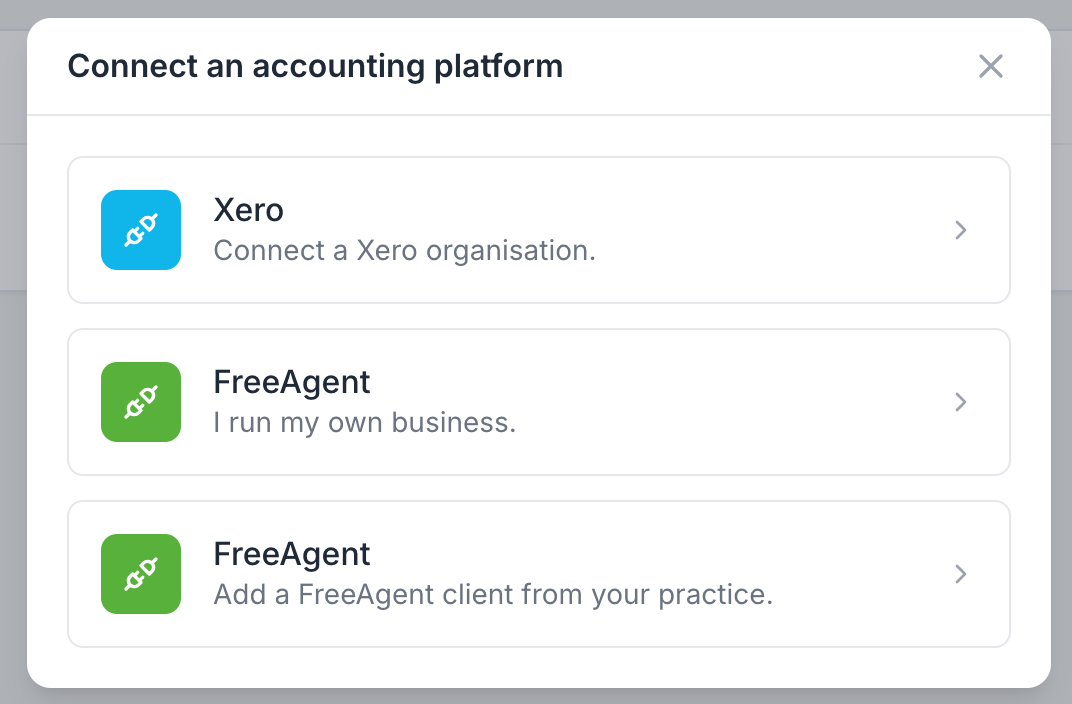 Screenshot of the Connect an accounting platform dialog, listing Xero and two FreeAgent connection options