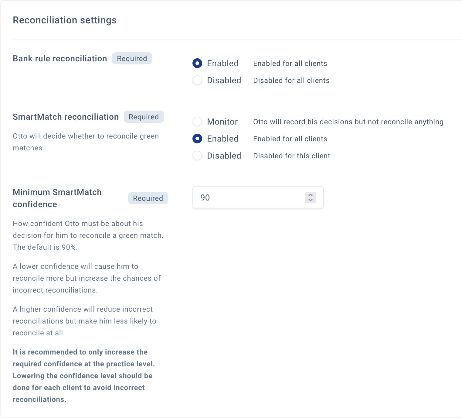 The reconciliation settings for a practice