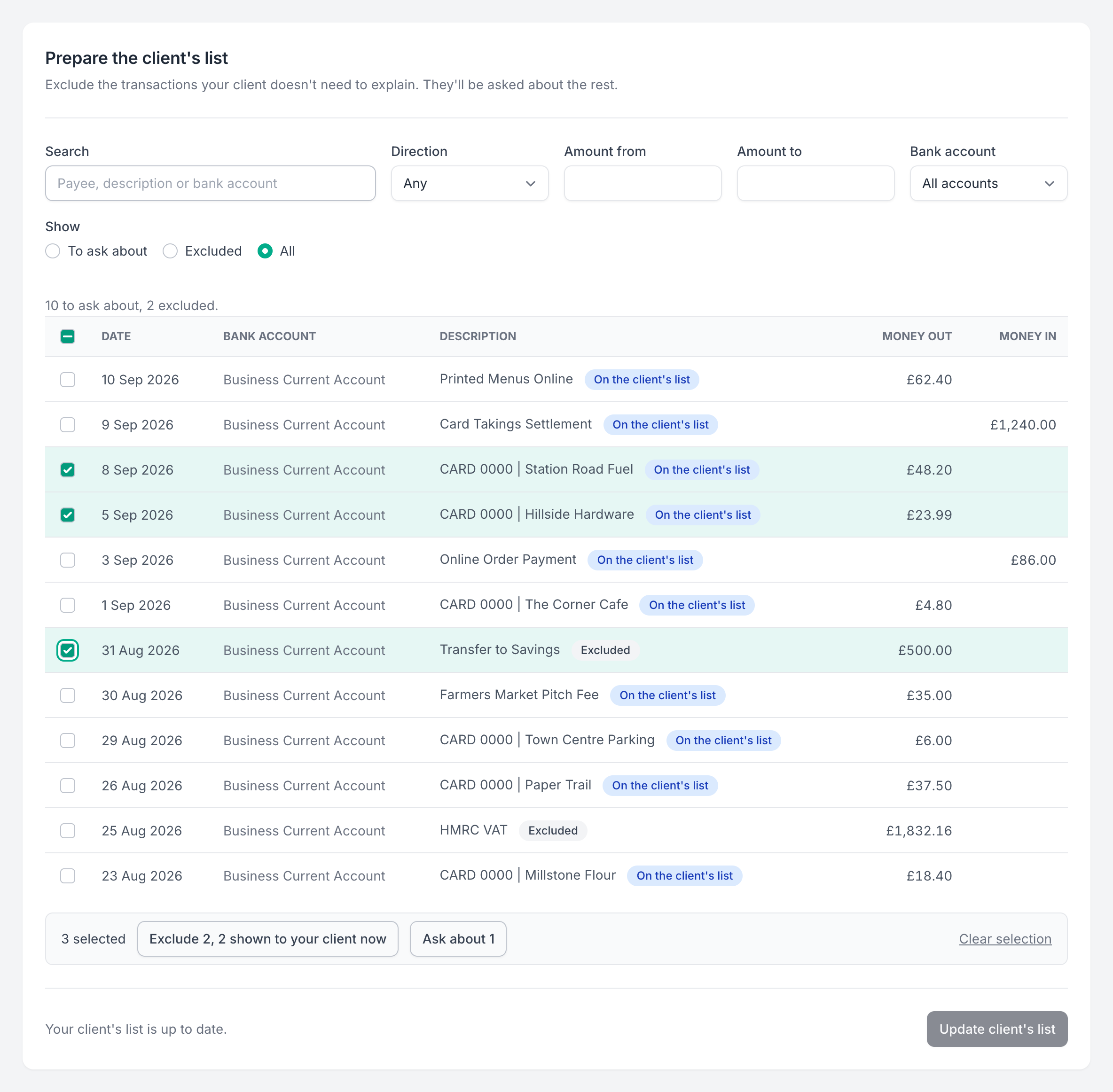 The Prepare the client's list screen, with filters across the top, a table of transactions each marked On the client's list or Excluded, three selected, and a bar offering Exclude 2, 2 shown to your client now and Ask about 1