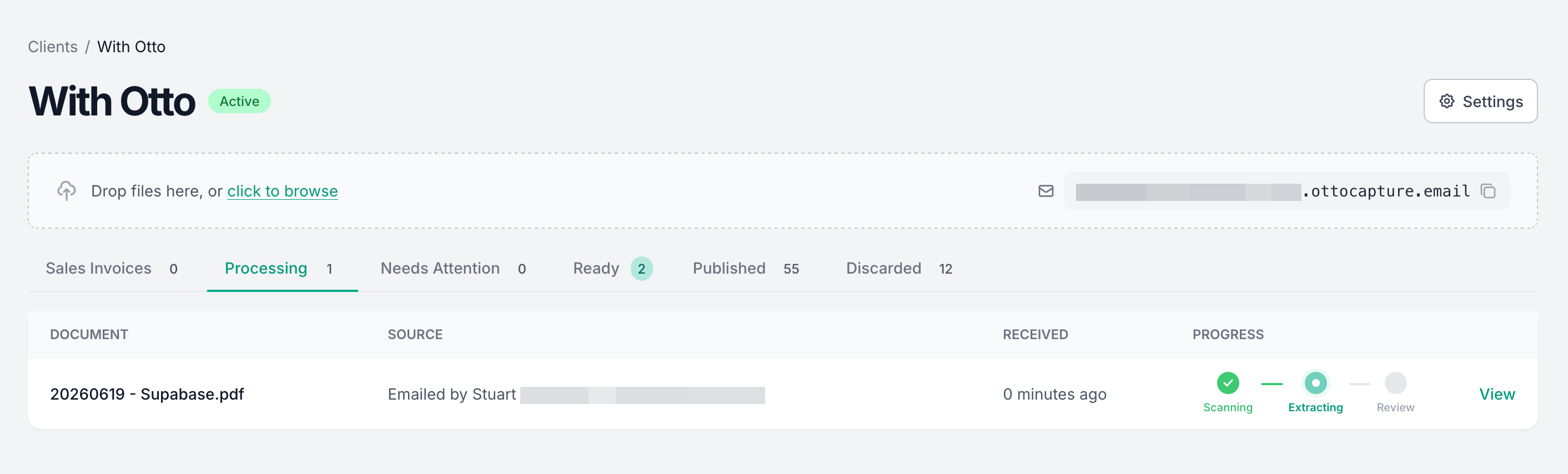 The client view showing a document that was emailed being extracted by Otto