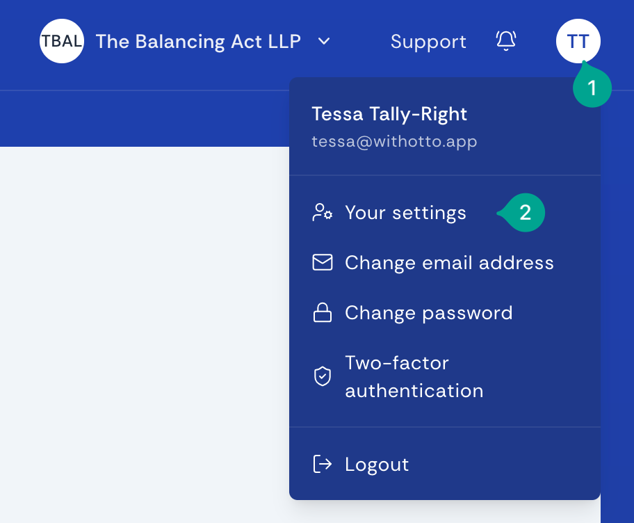 The profile menu with a link to the settings page