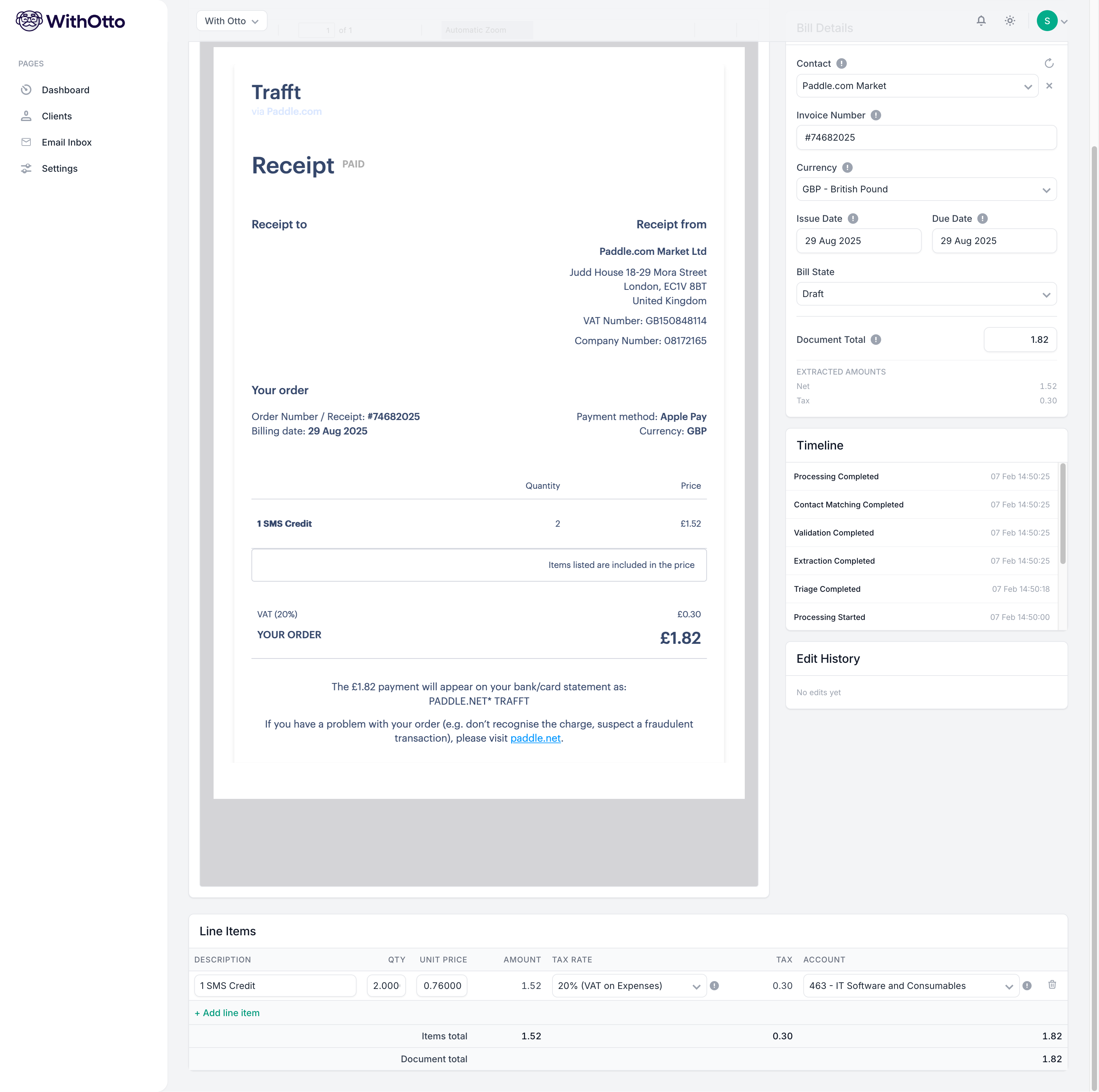 The review interface. Showing the original document and the automatically extracted data