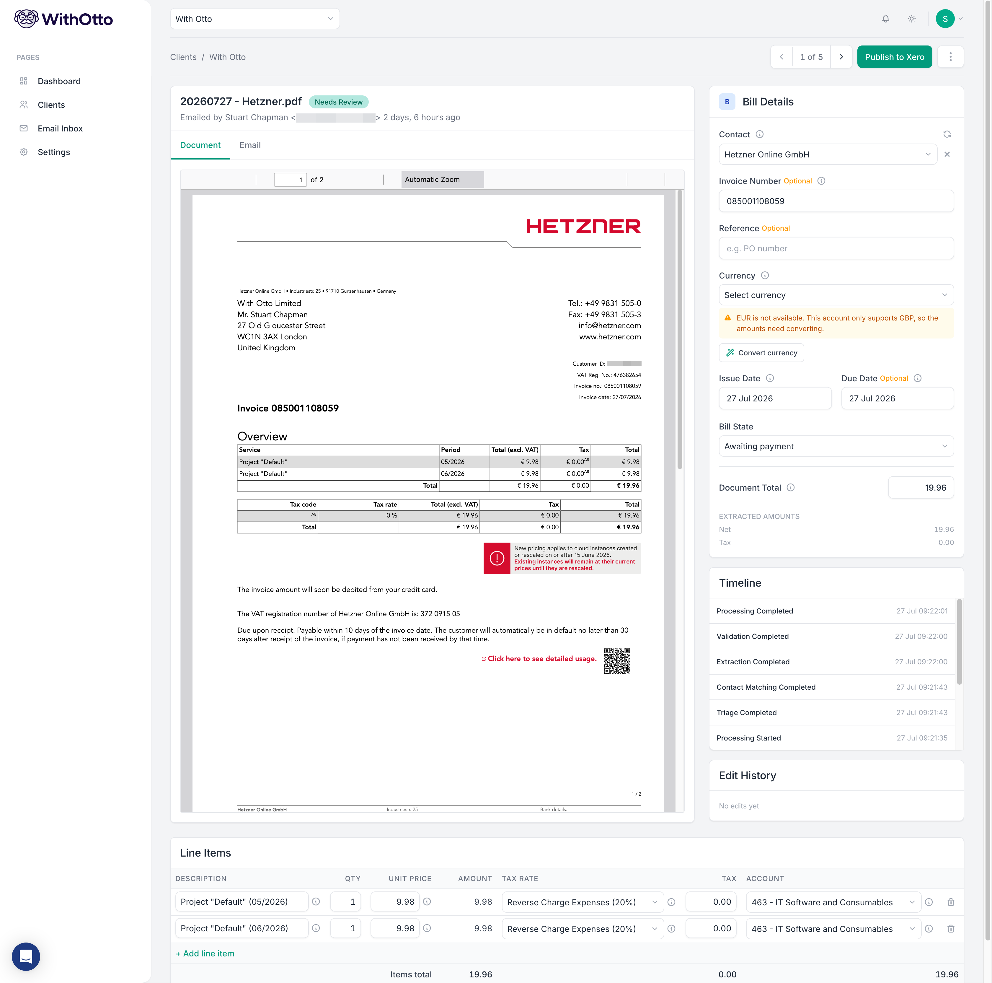 The review interface. Showing the original document and the automatically extracted data